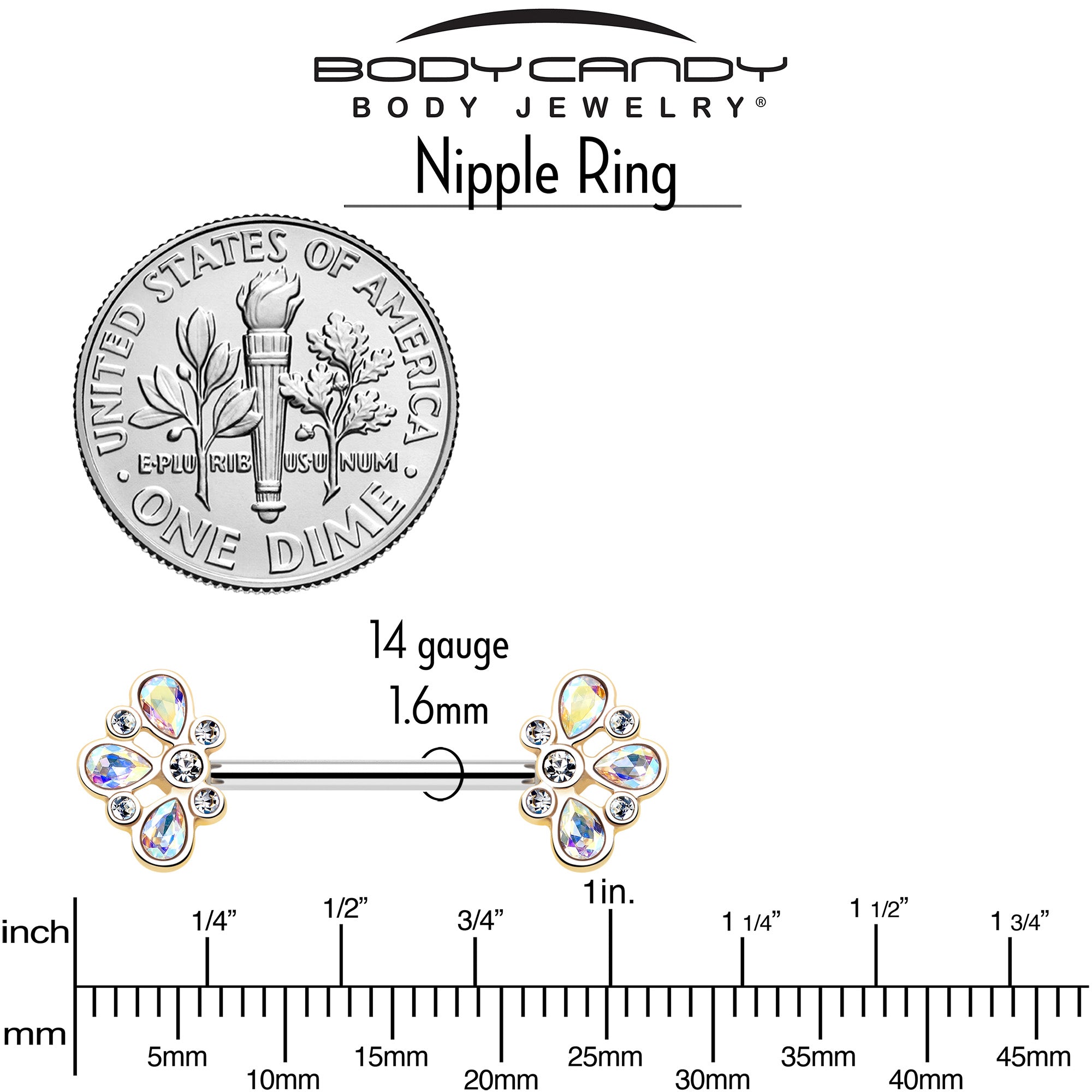 14G 9/16 Aurora Gem Golden Crown Deluxe Barbell Nipple Ring Set