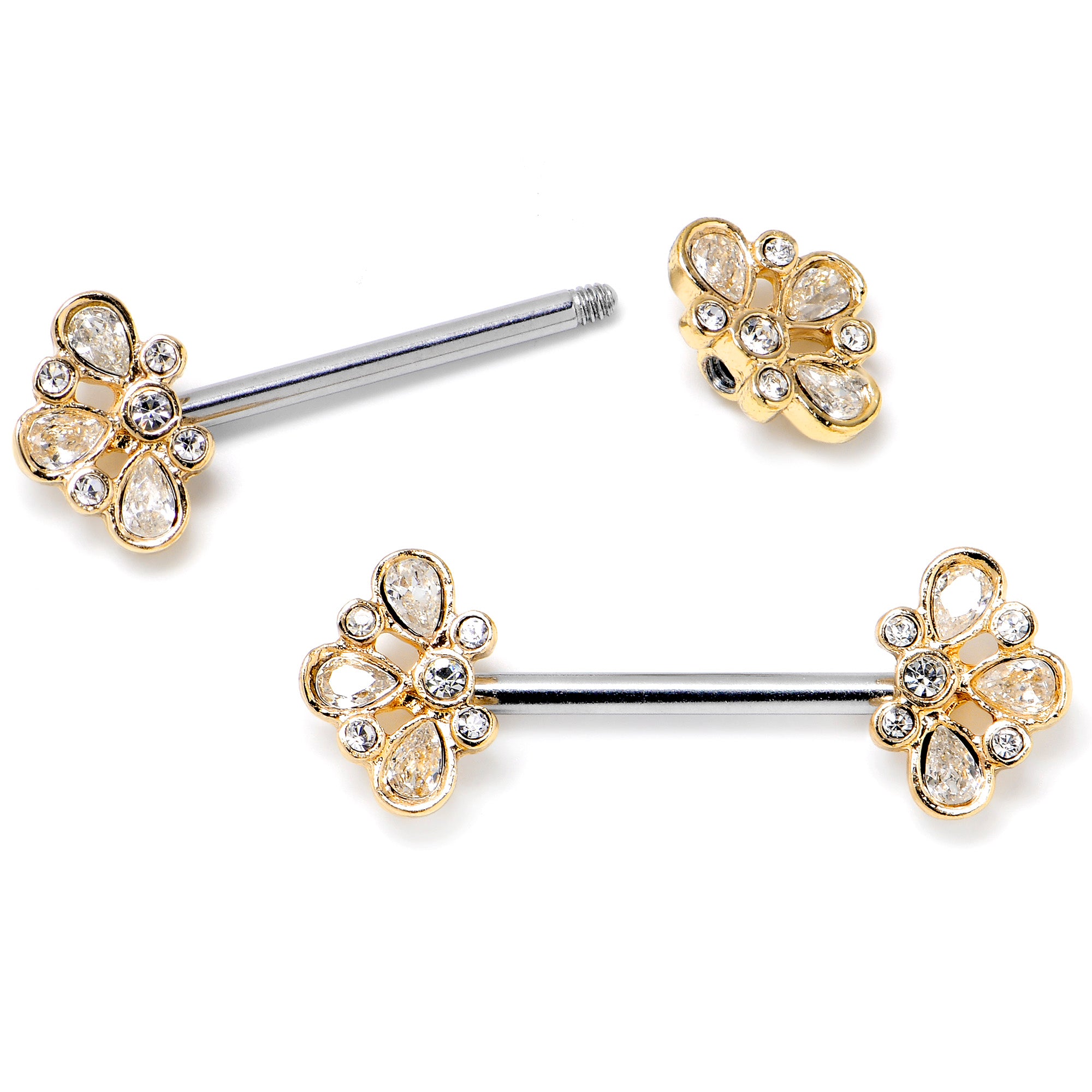 14 Gauge 9/16 Clear Gem Golden Crown Deluxe Barbell Nipple Ring Set