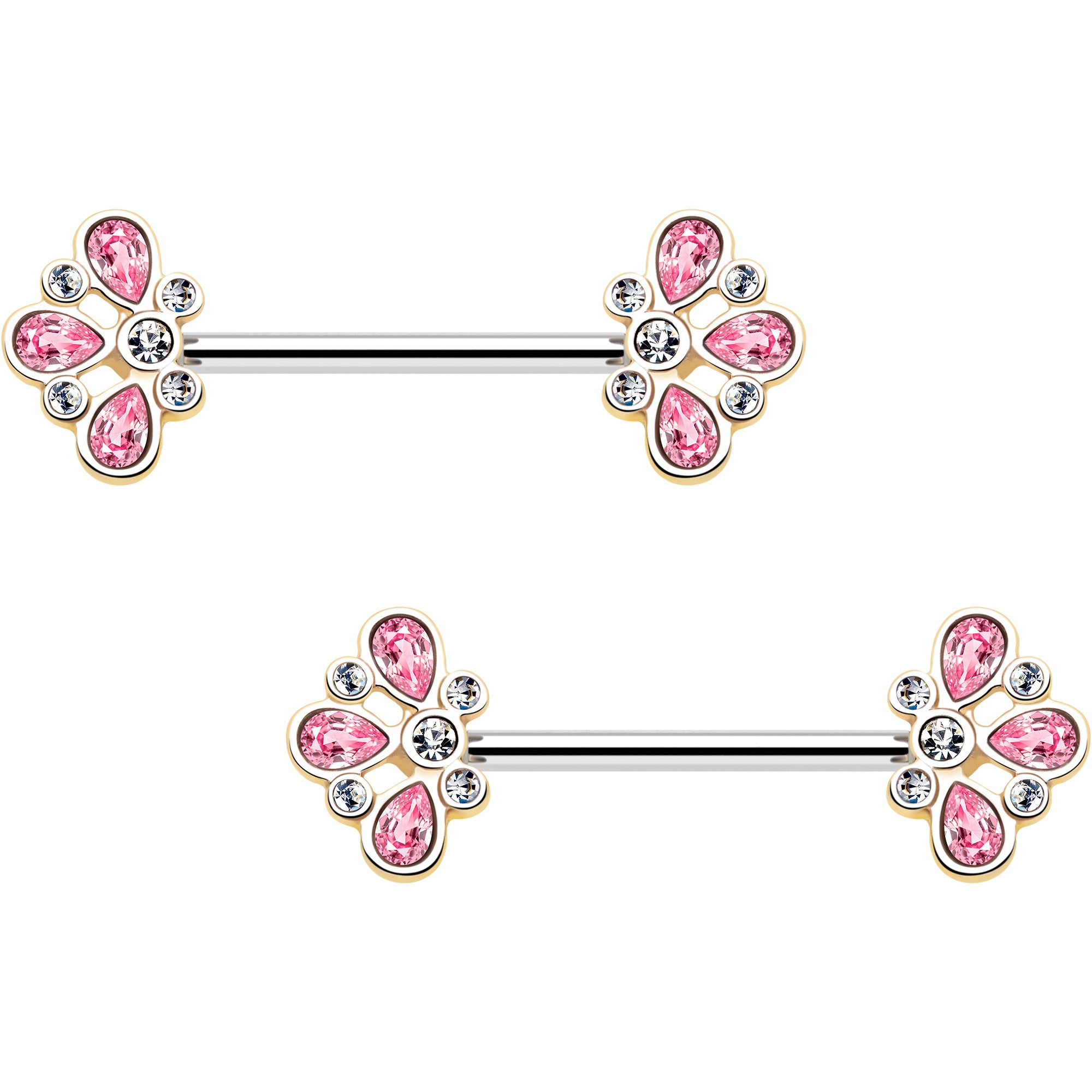 14G 9/16 Pink Gem Filigree Flower Fantasy Barbell Nipple Ring Set