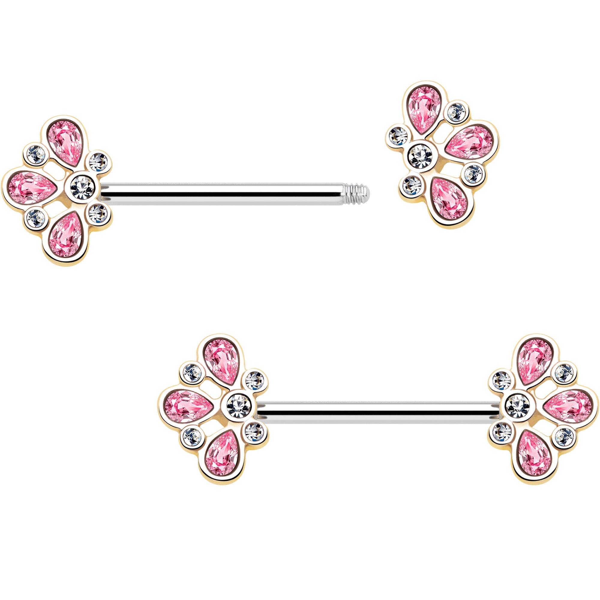14G 9/16 Pink Gem Filigree Flower Fantasy Barbell Nipple Ring Set