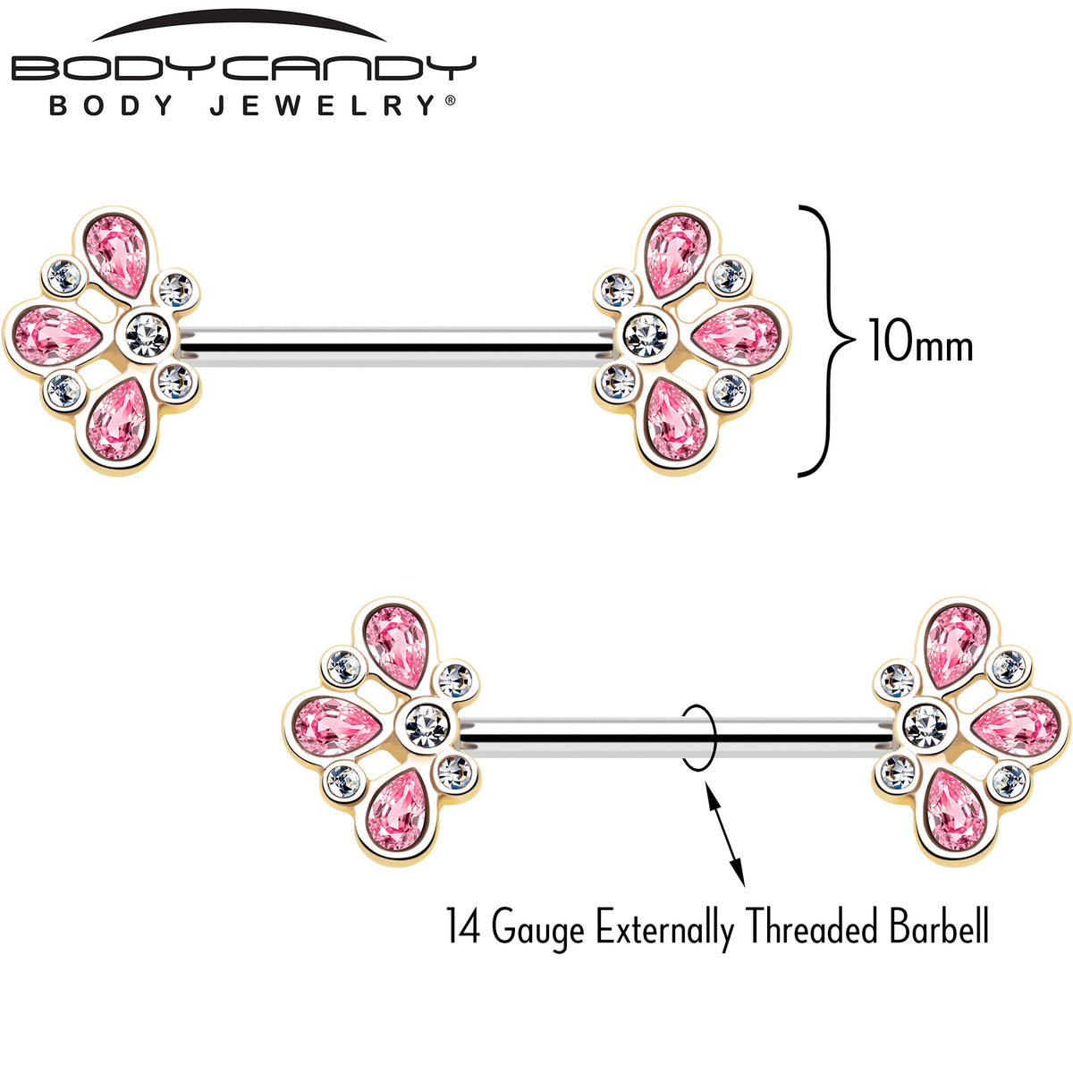 14G 9/16 Pink Gem Filigree Flower Fantasy Barbell Nipple Ring Set