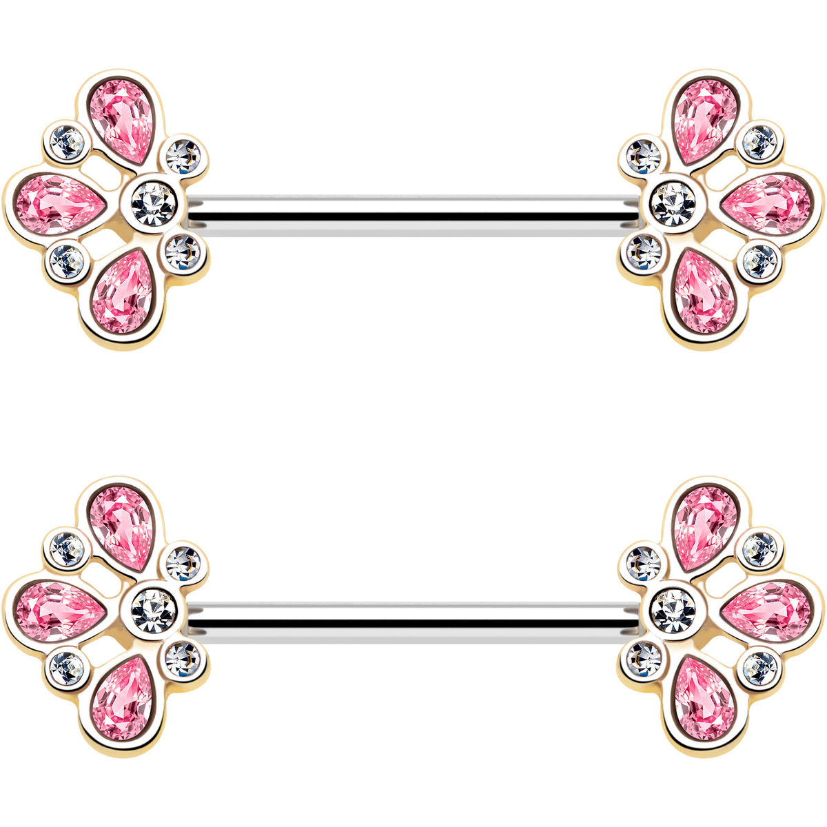 14G 9/16 Pink Gem Filigree Flower Fantasy Barbell Nipple Ring Set