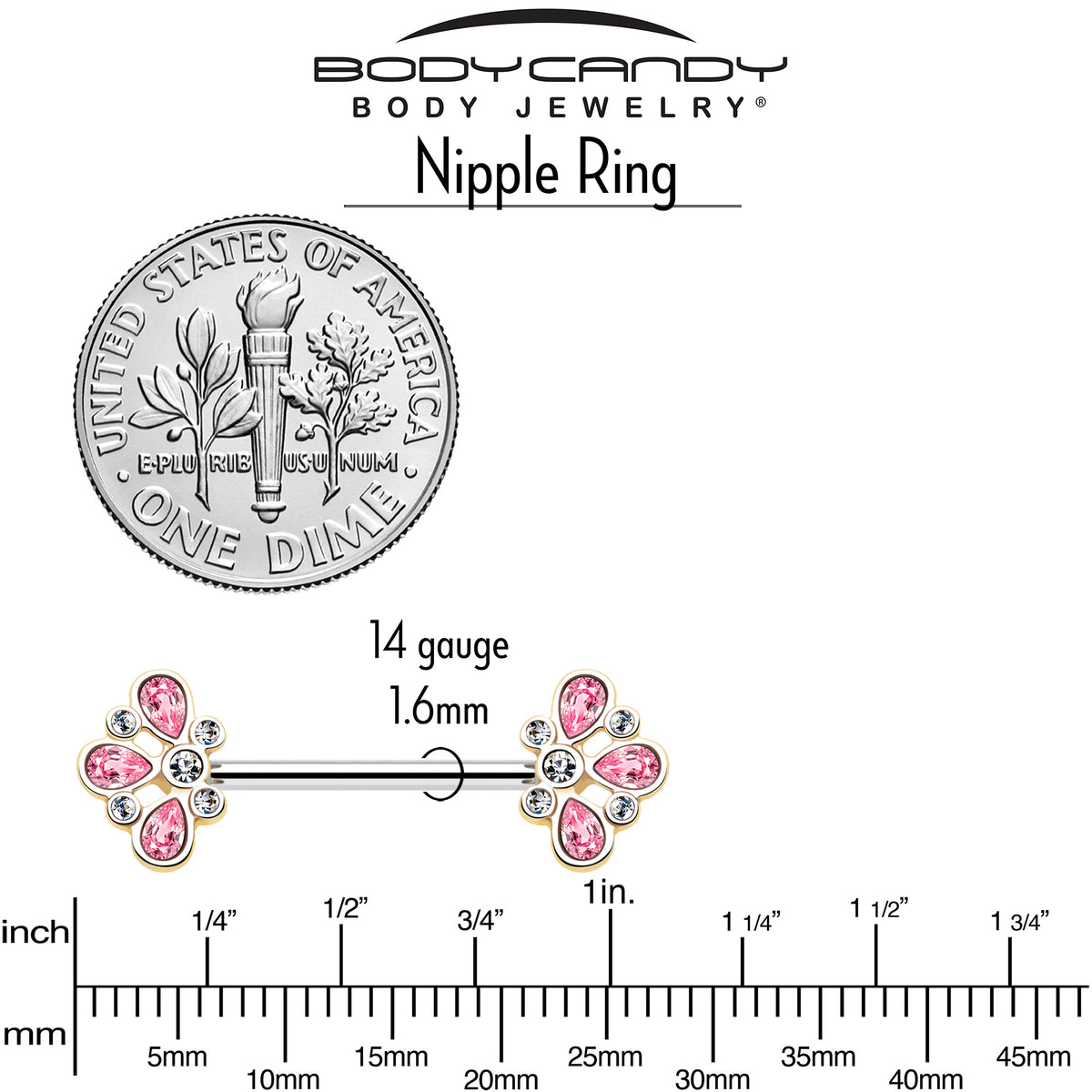 14G 9/16 Pink Gem Filigree Flower Fantasy Barbell Nipple Ring Set