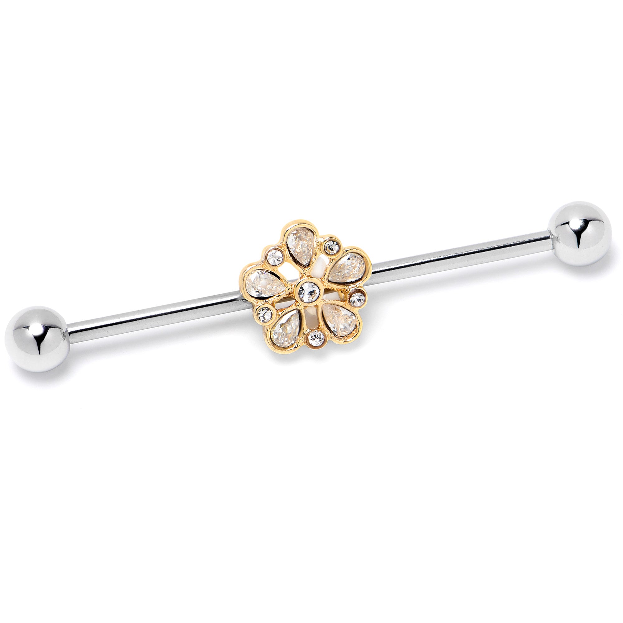 14G Clear Gem Filigree Flower Fantasy Industrial Barbell 38mm