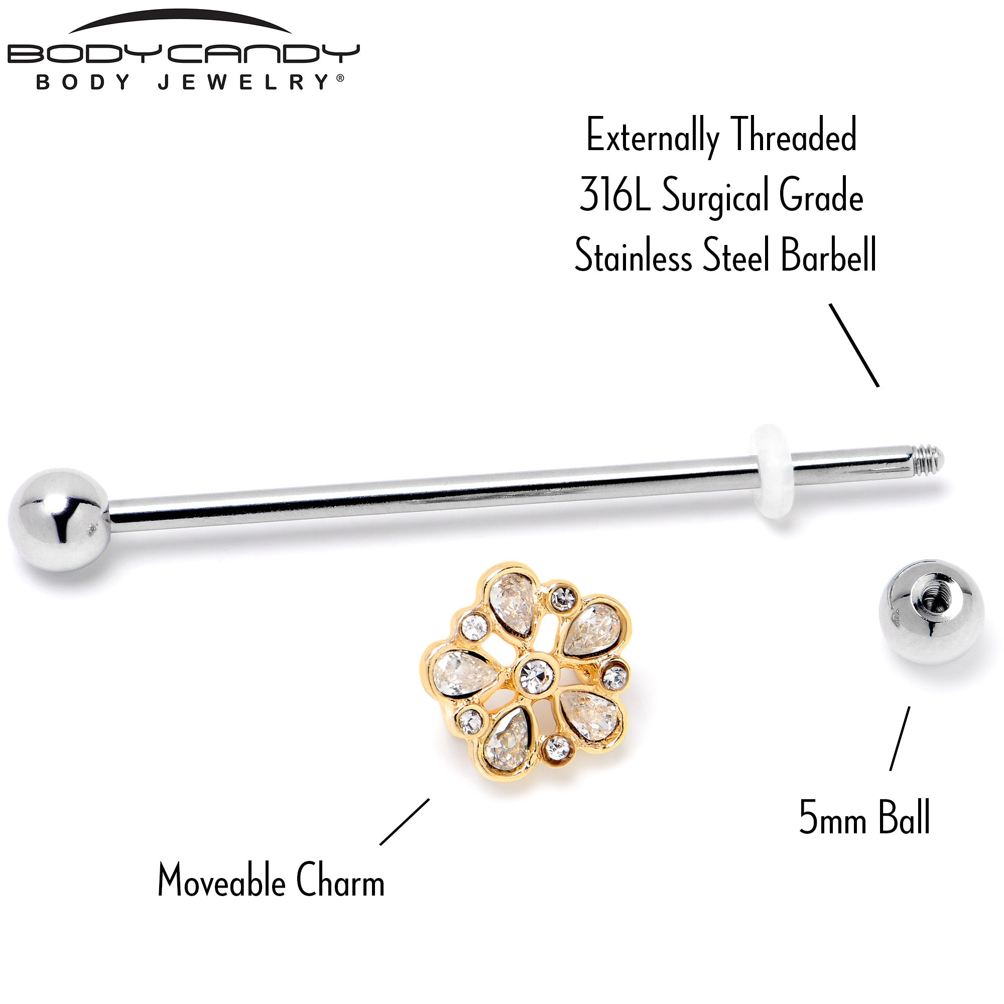 14G Clear Gem Filigree Flower Fantasy Industrial Barbell 38mm