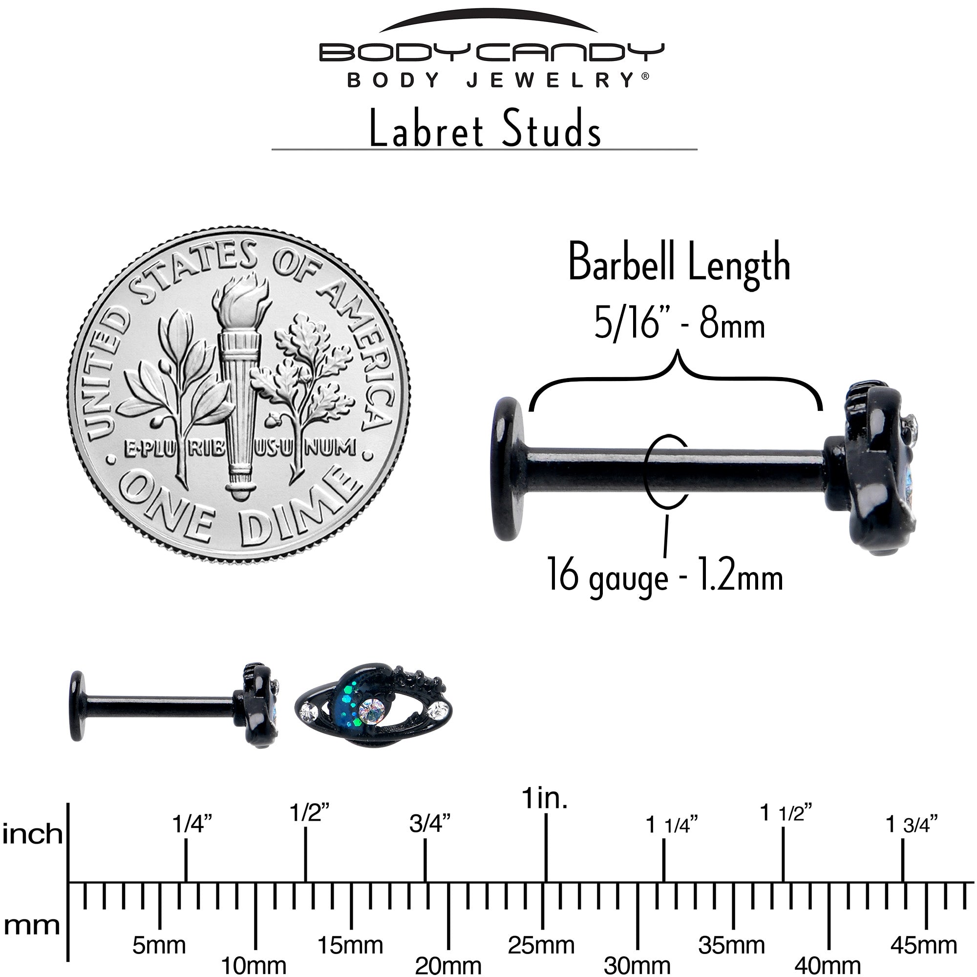 16G 5/16 Aurora Gem Black Saturn Space Moon Labret Monroe Tragus