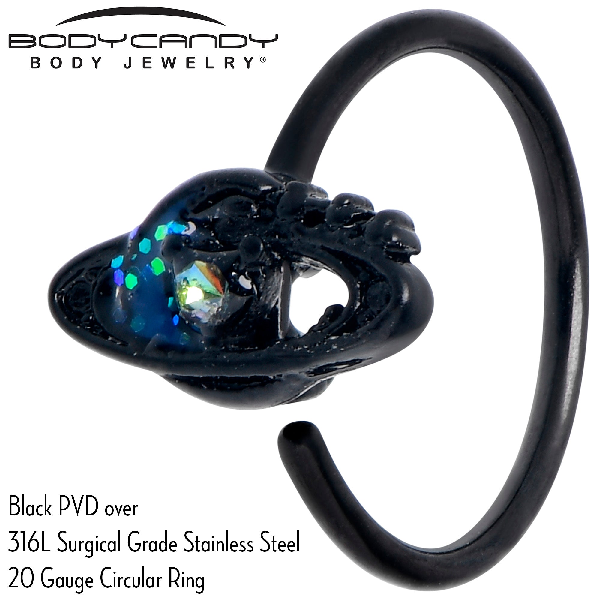 20G 5/16 Aurora Gem Black Saturn Space Moon Nose Hoop