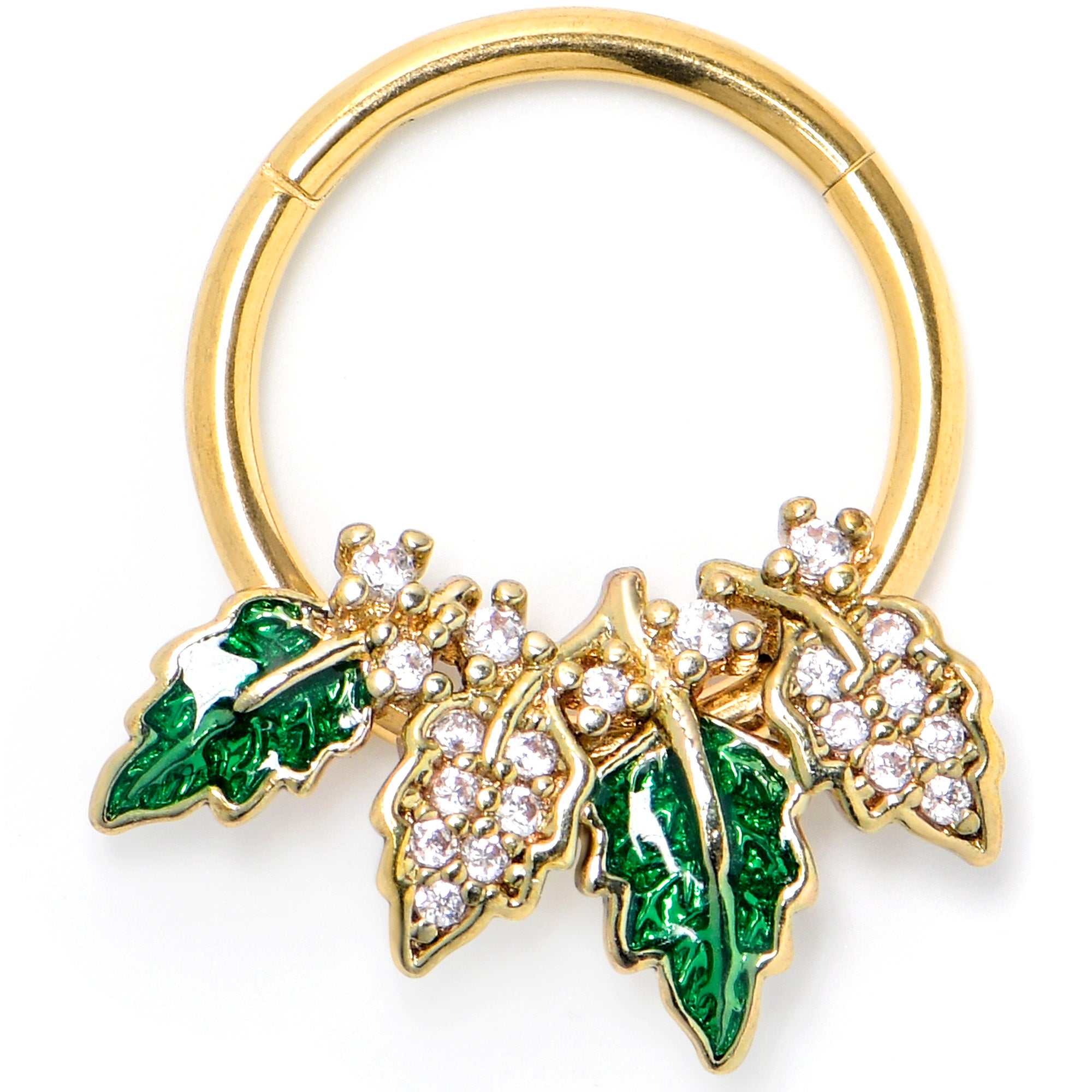 16G 3/8 Clear CZ Gem Gold Tone Leafy Beauty Hinged Segment Ring