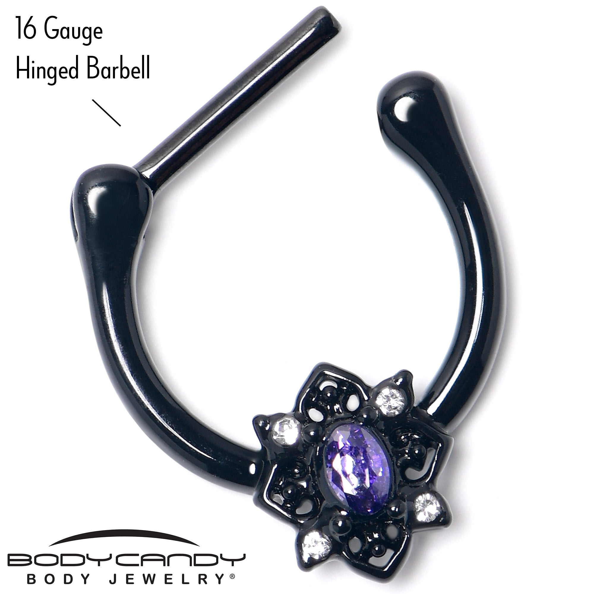 16 Gauge 5/16 Purple Gem Black Scrolling Hearts Cartilage Clicker