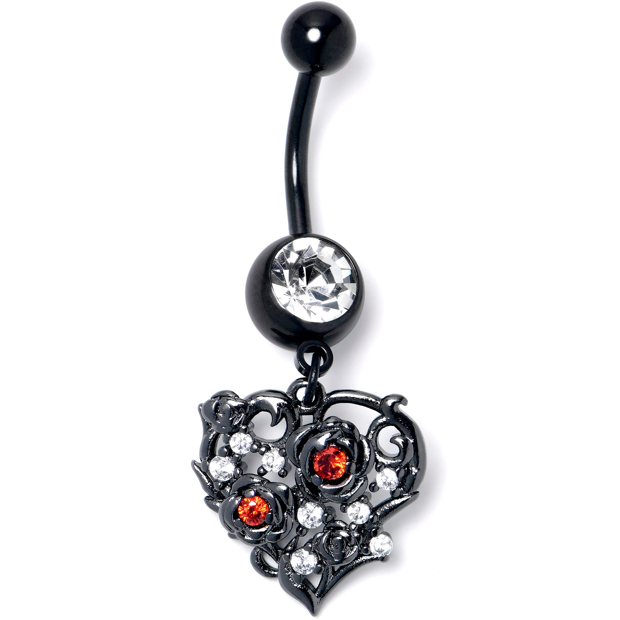 Clear Red CZ Gem Black Heart Floral Dangle Belly Ring