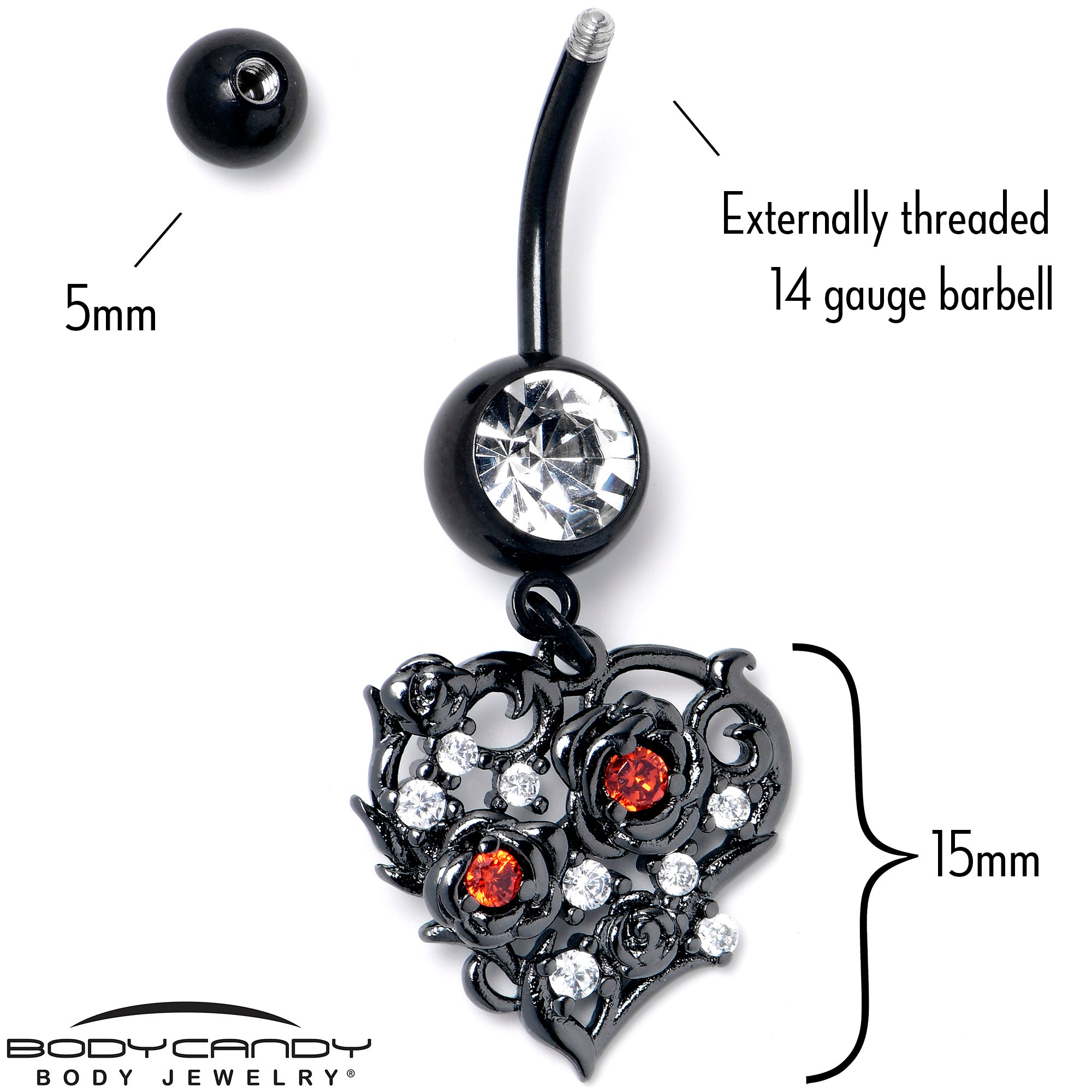 Clear Red CZ Gem Black Heart Floral Dangle Belly Ring