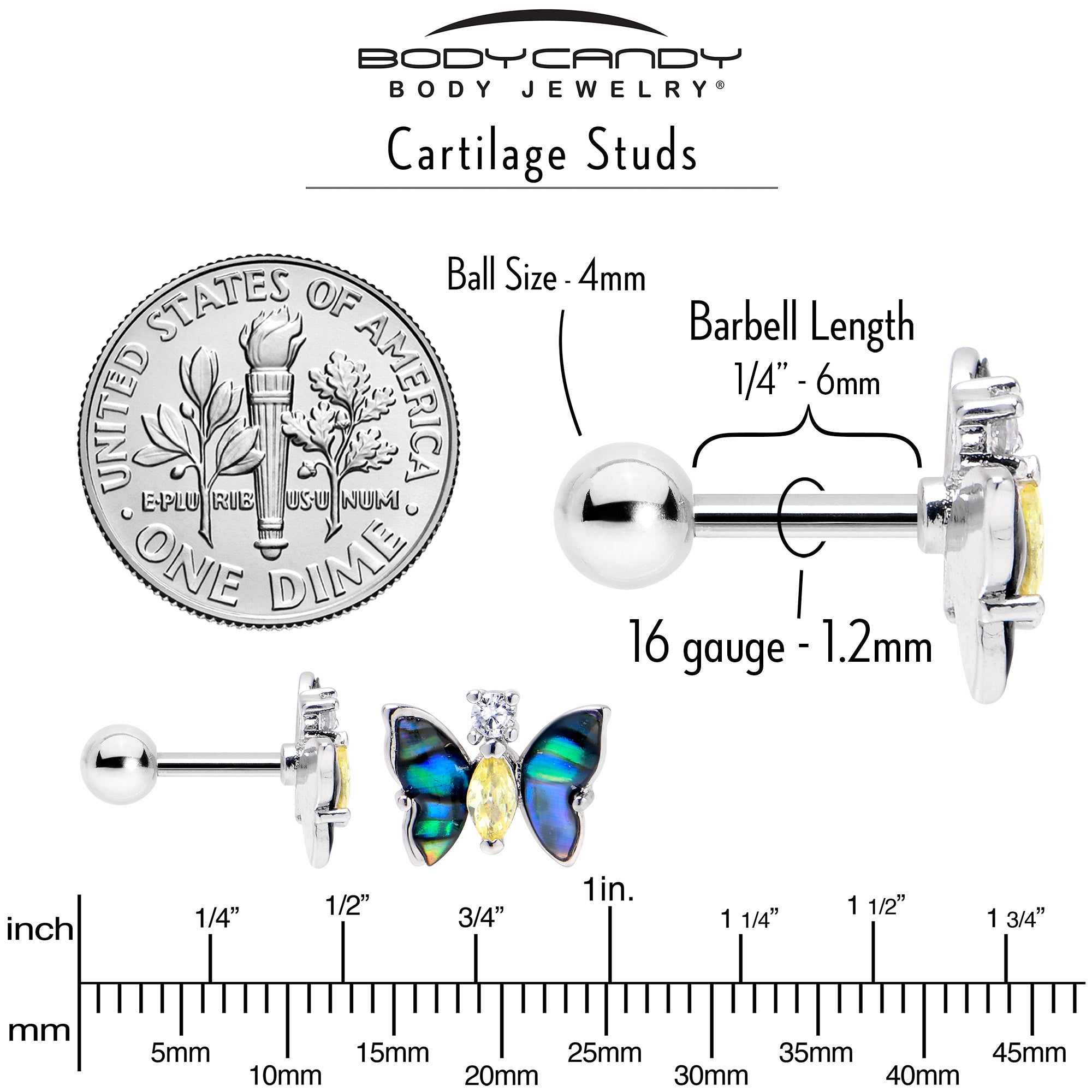 16 Gauge 1/4 Clear Yellow Gem Dark Butterfly Cartilage Tragus Earring