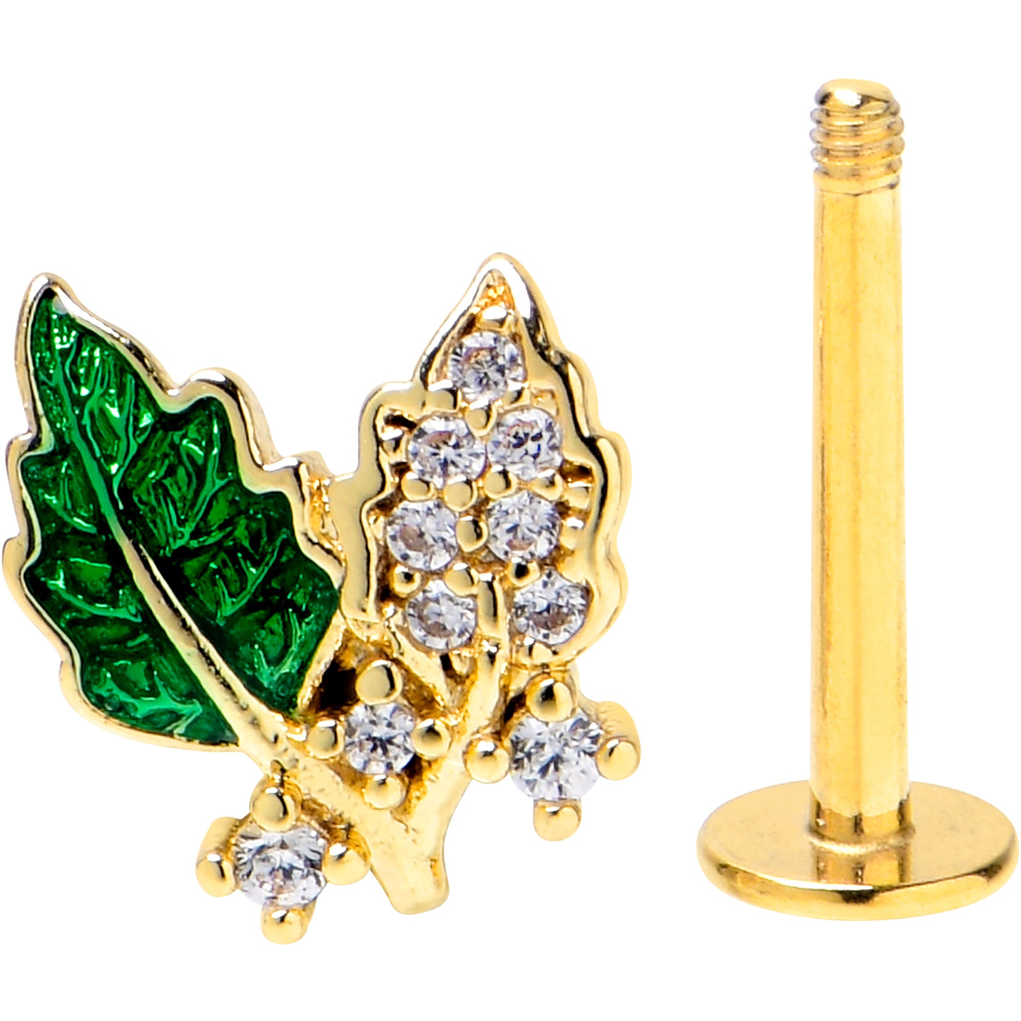 16G 5/16 Clear CZ Gem Gold Tone Leafy Beauty Labret Monroe Tragus