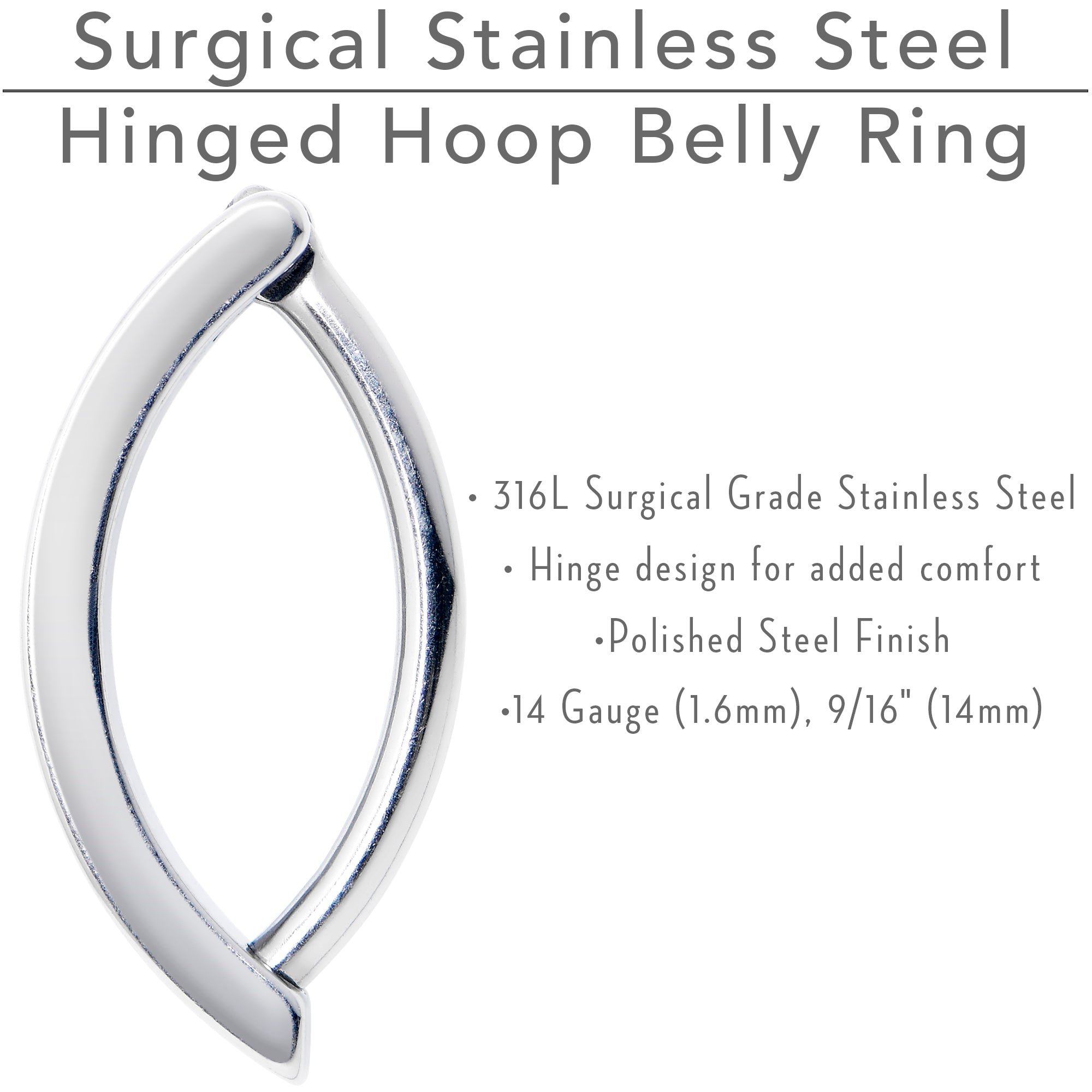 14G 9/16 316L Surgical Steel Smooth Style Hinged Hoop Belly Ring