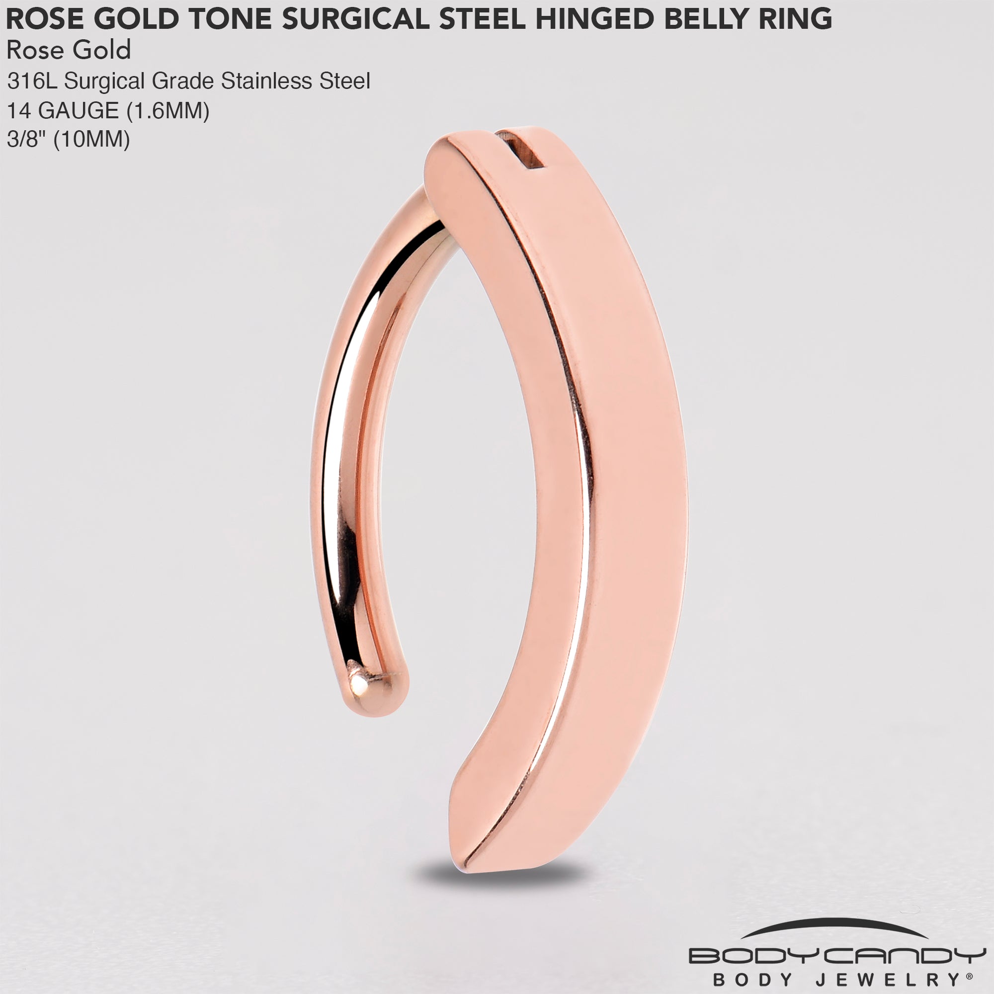 14 Gauge 3/8 Rose Gold Tone 316L Surgical Steel Smooth Style Hinged Hoop Belly Ring