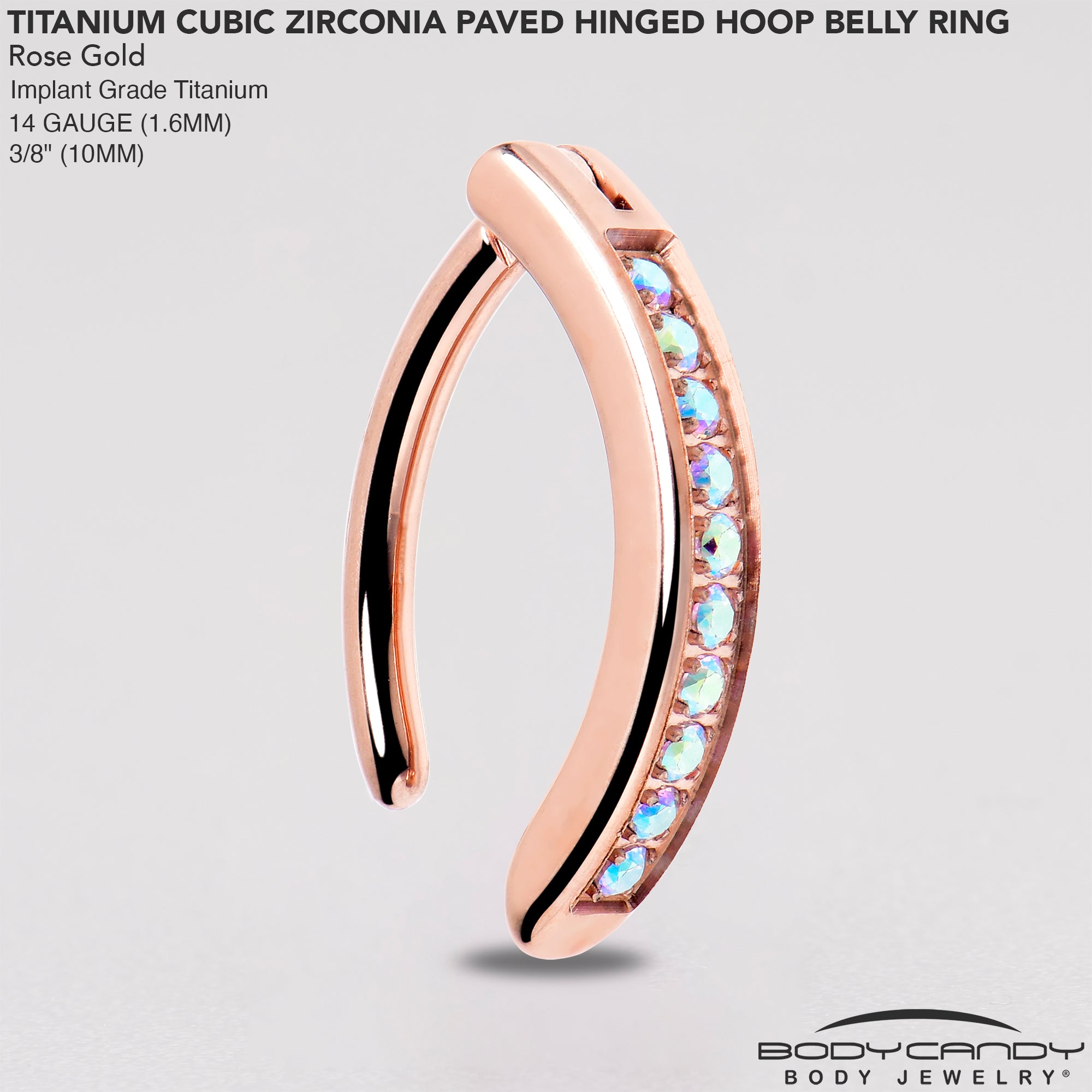 14G 3/8  Rose Implant Grade Titanium CZ Paved Hinged Hoop Belly Ring