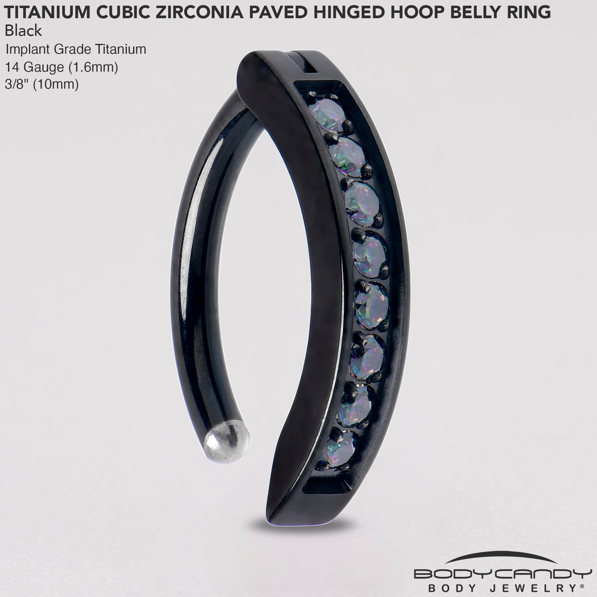 14G 3/8  Black Implant Grade Titanium CZ Paved Hinged Hoop Belly Ring