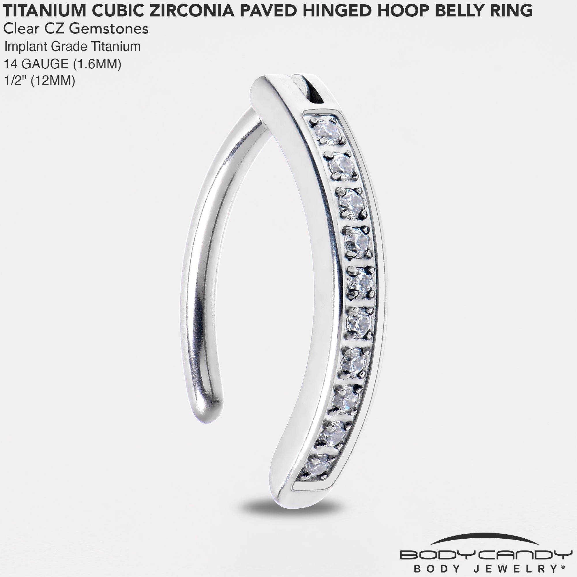 14G 1/2 Implant Grade Titanium CZ Paved Hinged Hoop Belly Ring