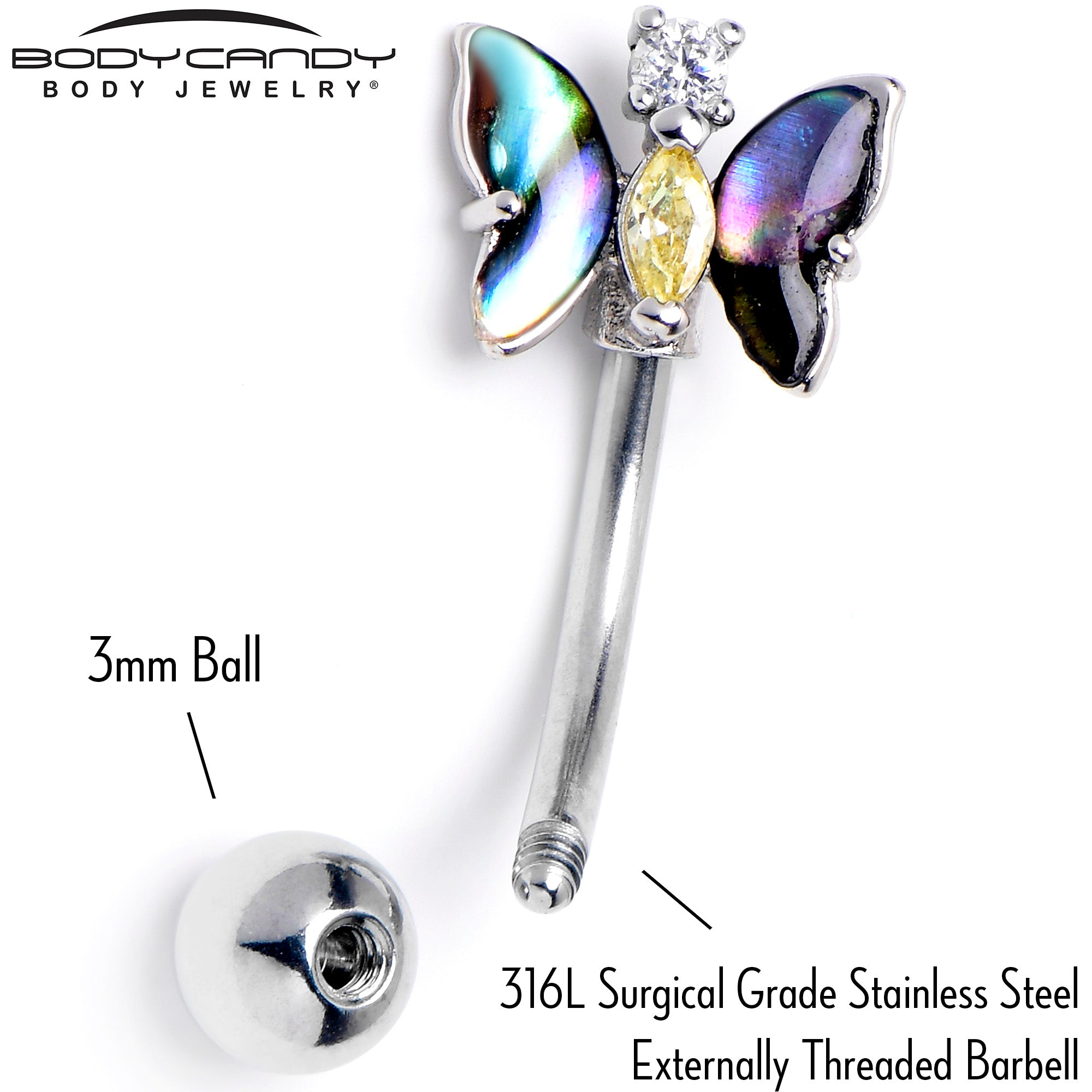 16 Gauge 5/16 Yellow Clear Gem Dark Butterfly Curved Eyebrow Ring