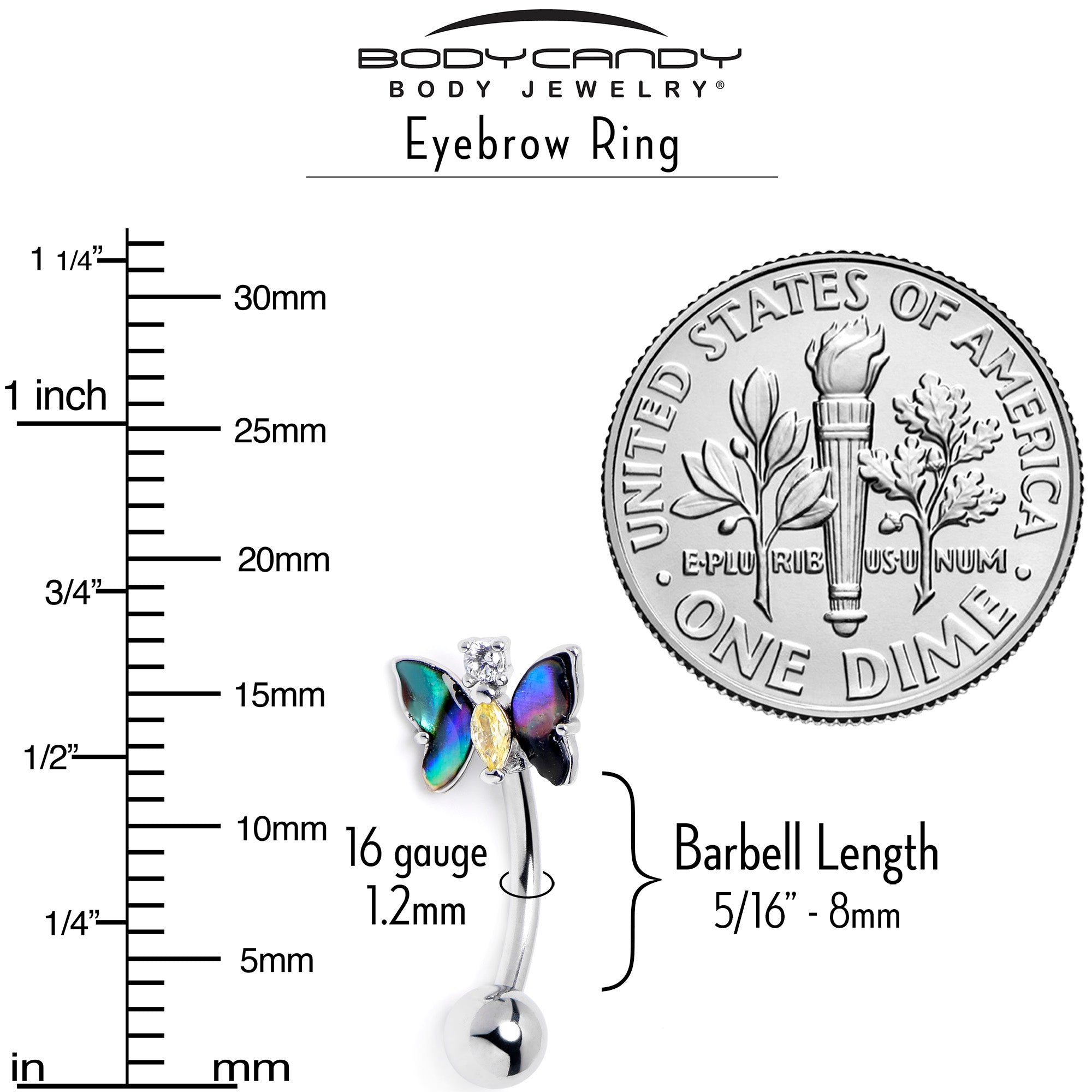 16G 5/16 Yellow Clear Gem Dark Butterfly Curved Eyebrow Ring