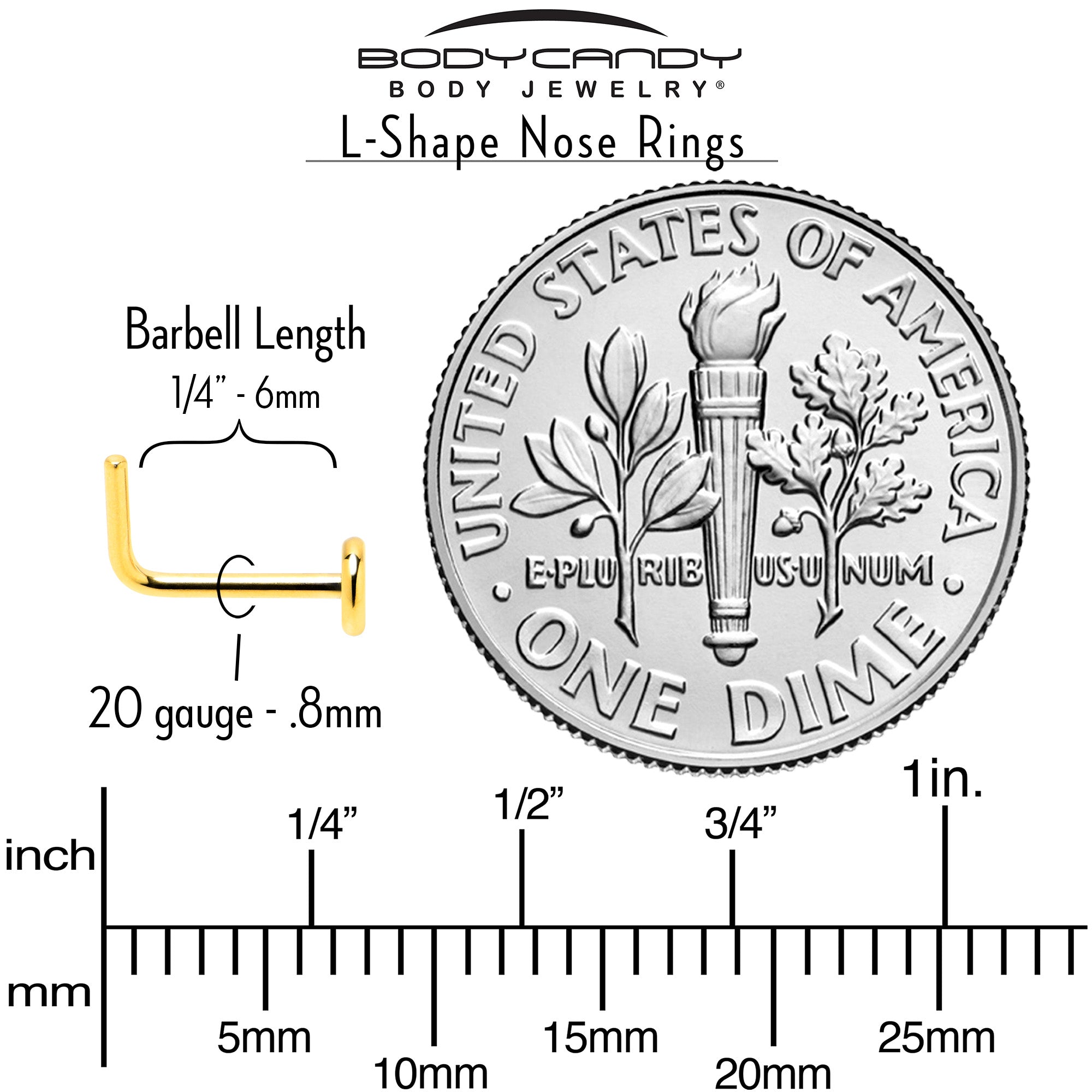 20G 1/4 Gold Tone ASTM F-136 Implant Grade Titanium 3mm Disc L Shape Nose Ring