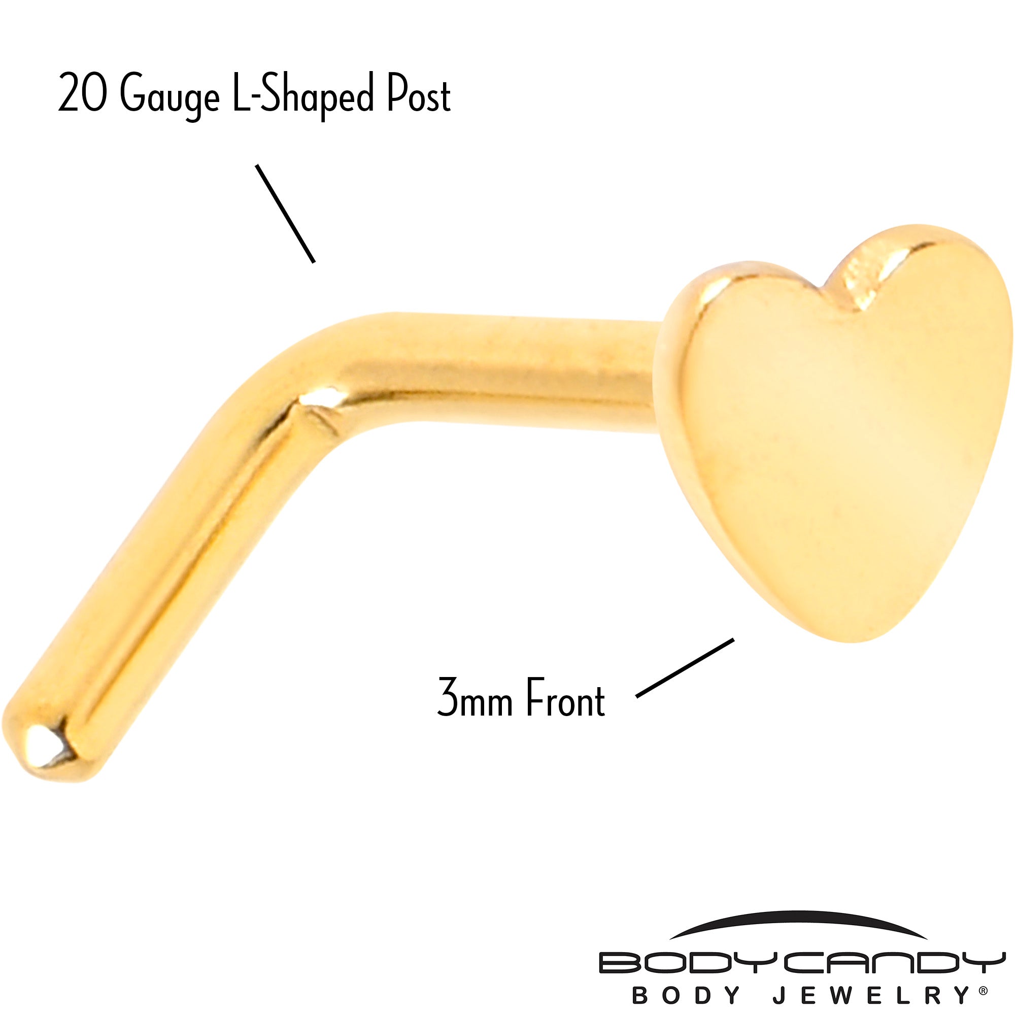 20 Gauge 1/4 Gold Tone ASTM F-136 Implant Grade Titanium Heart End L Shape Nose Ring