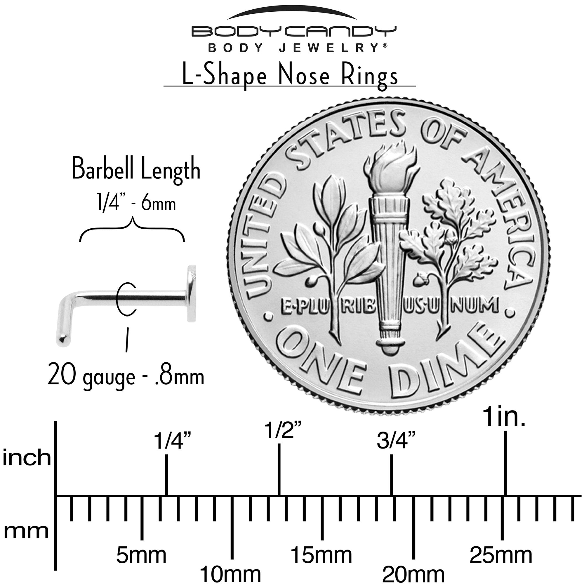 20G 1/4 ASTM F-136 Implant Grade Titanium Moon End L Shape Nose Ring