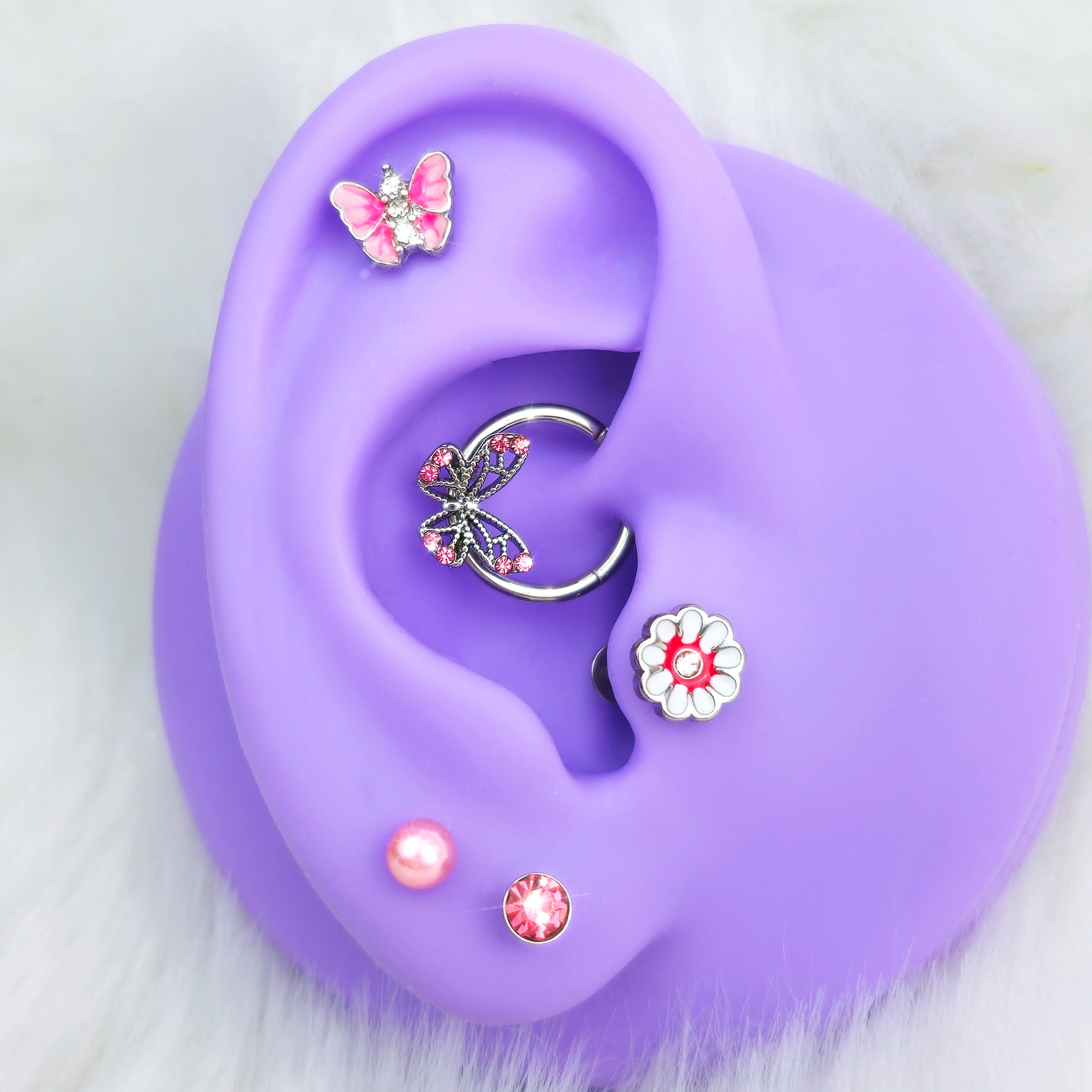 16G 3/8 5/16 Pink Gem Butterfly Labret BCR Cartilage Curation Set of 5