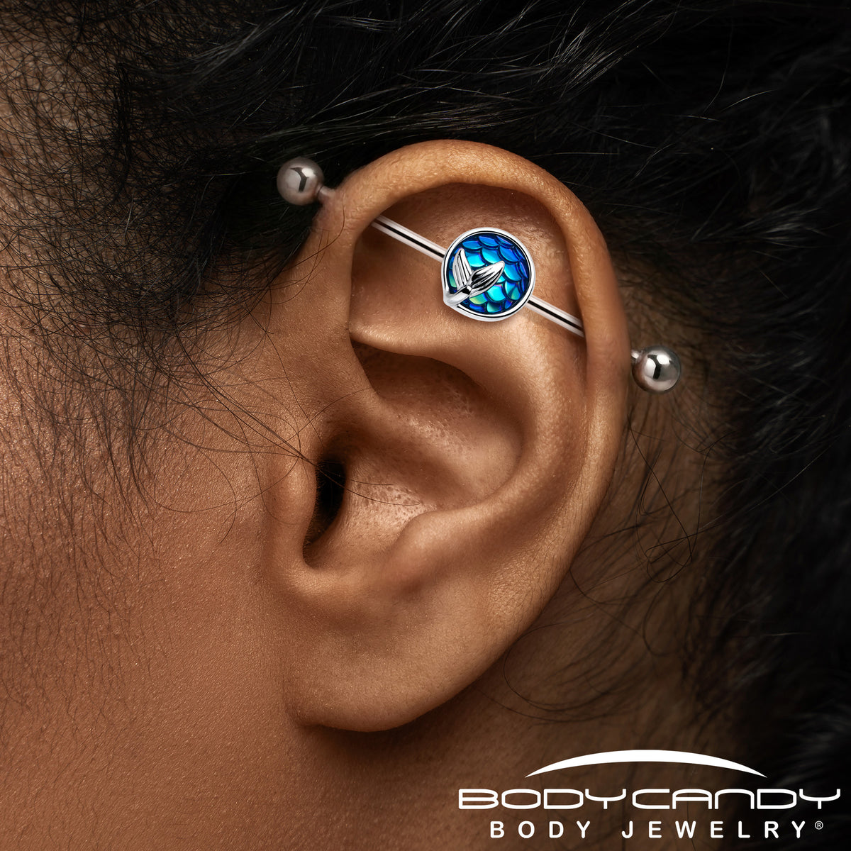 14G Mermaid Dark Blue Scale Tail Industrial Barbell 38mm