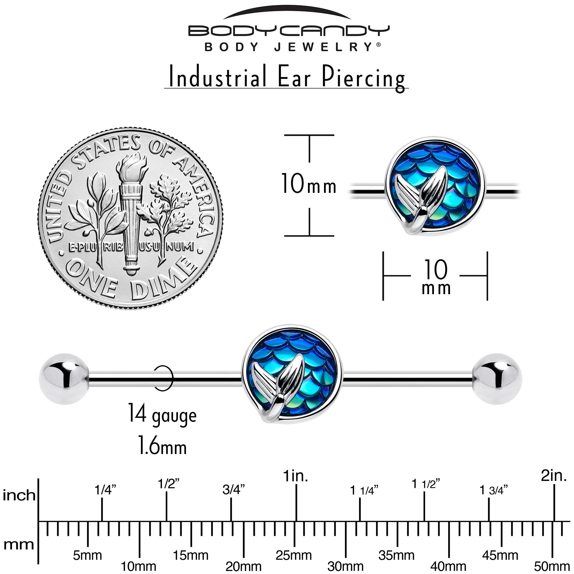 14G Mermaid Dark Blue Scale Tail Industrial Barbell 38mm