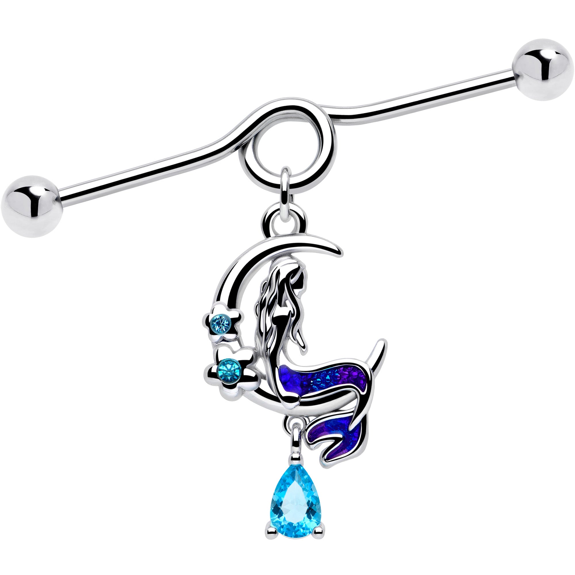 14G Blue Gem Floral Mermaid Moon Dangle Project Bar 38mm