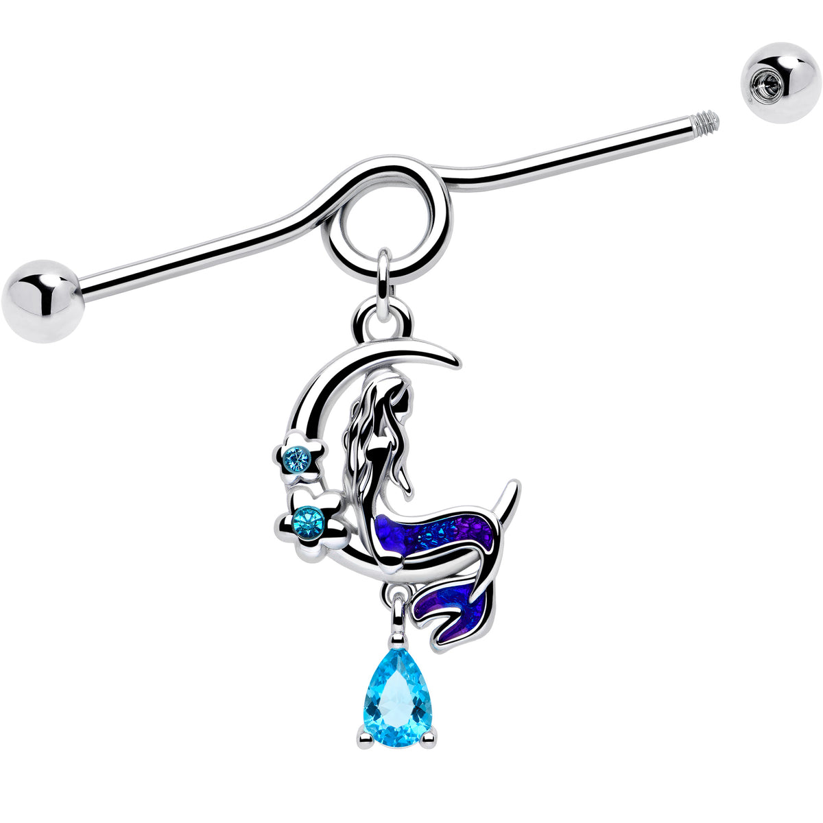 14G Blue Gem Floral Mermaid Moon Dangle Project Bar 38mm