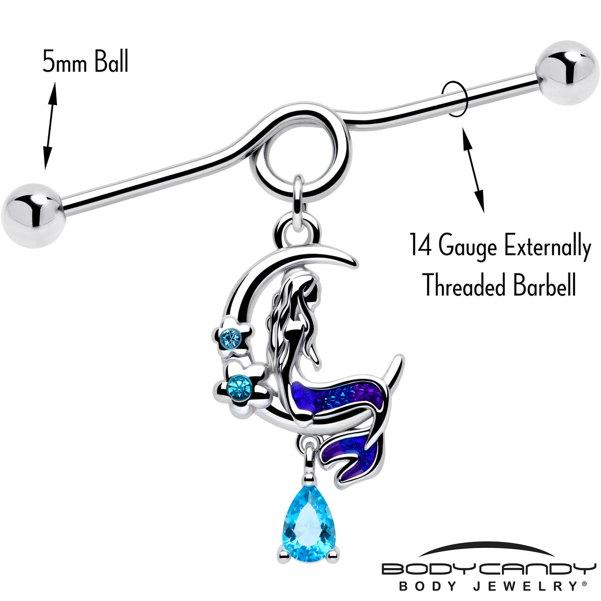 14G Blue Gem Floral Mermaid Moon Dangle Project Bar 38mm