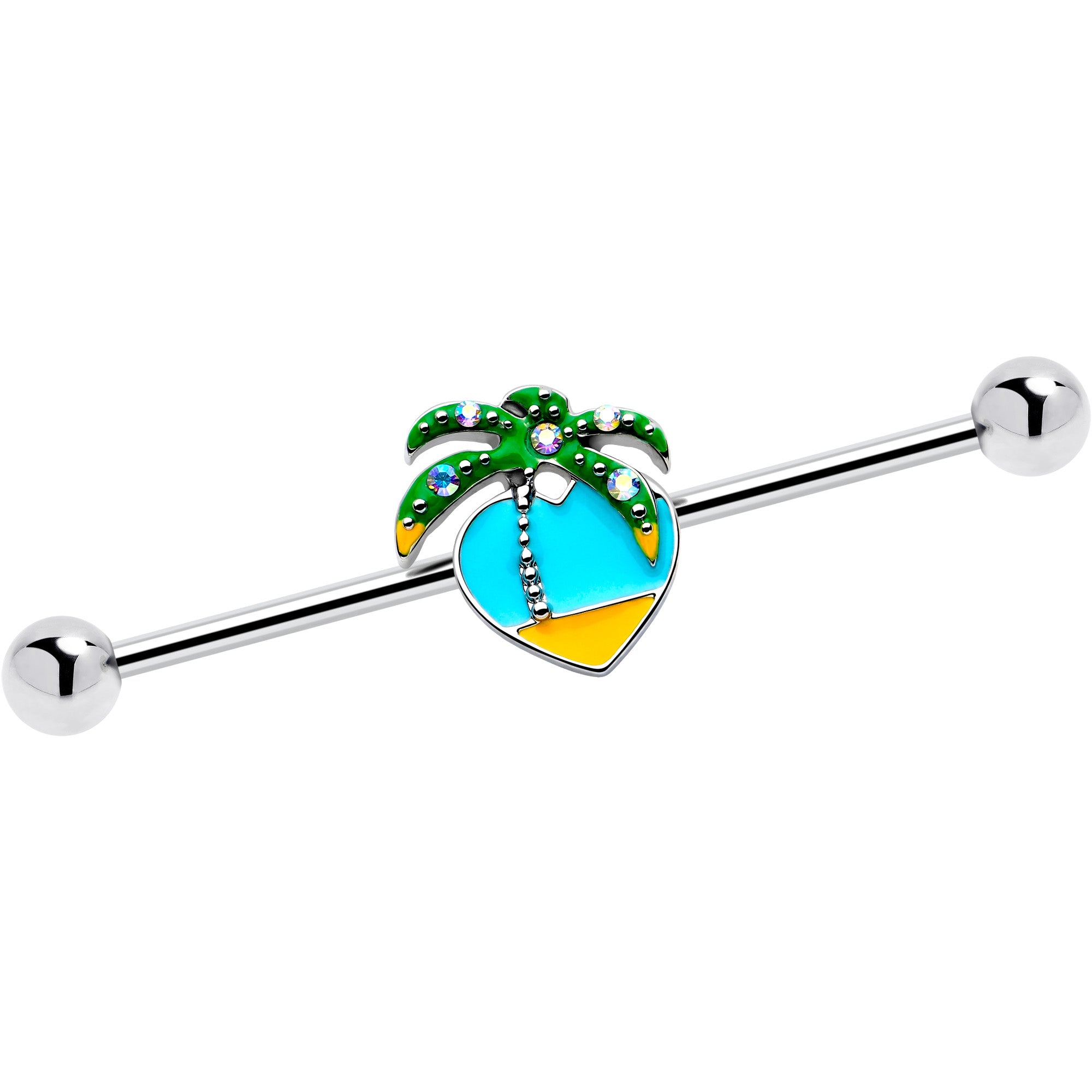 14G Beach Heart Palm Tree Industrial Barbell 38mm