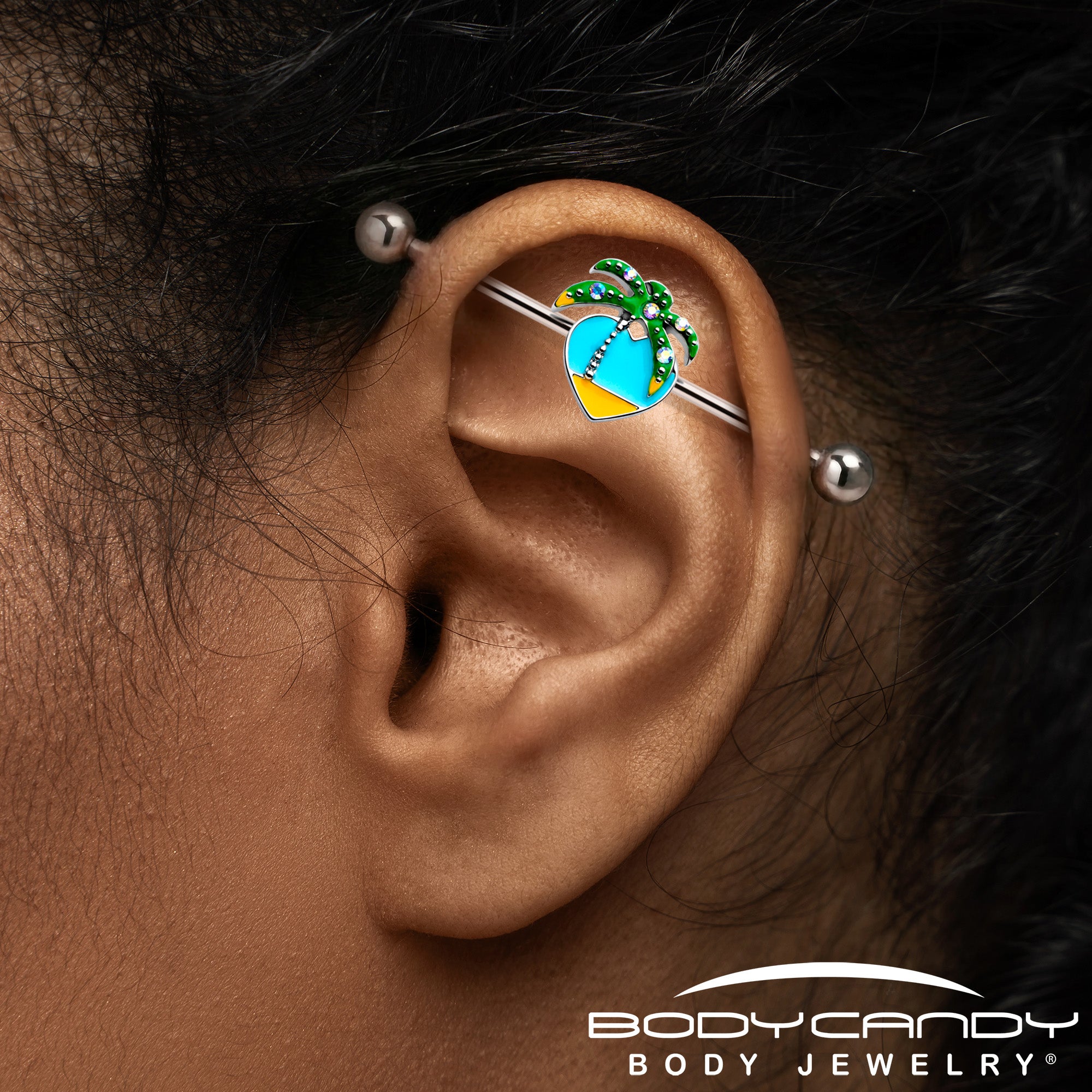 14G Beach Heart Palm Tree Industrial Barbell 38mm