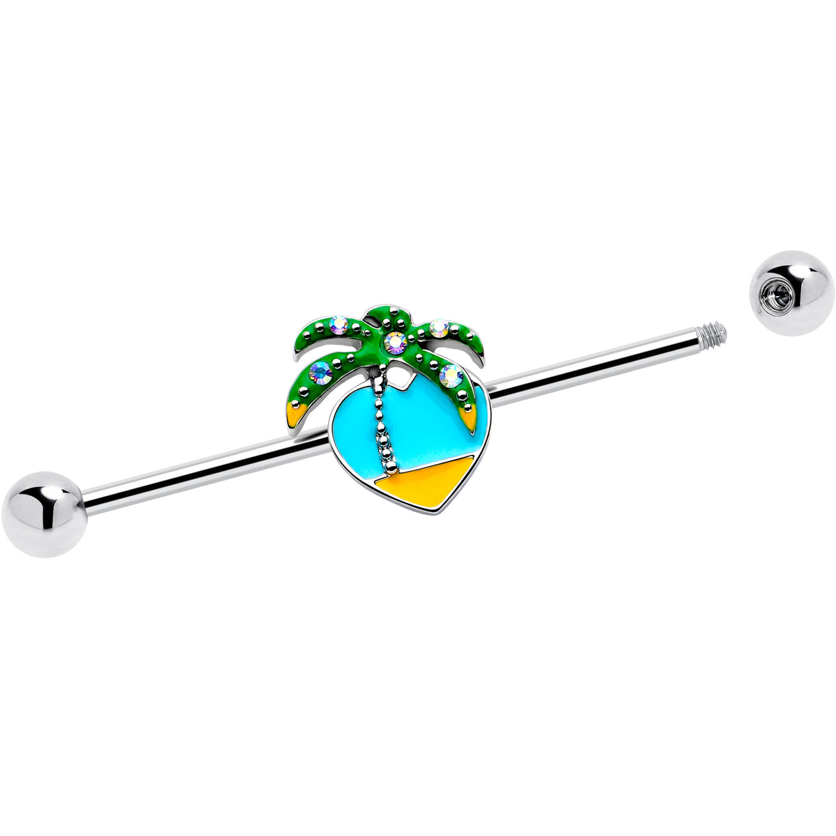 14G Beach Heart Palm Tree Industrial Barbell 38mm