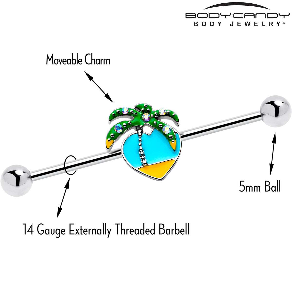 14G Beach Heart Palm Tree Industrial Barbell 38mm