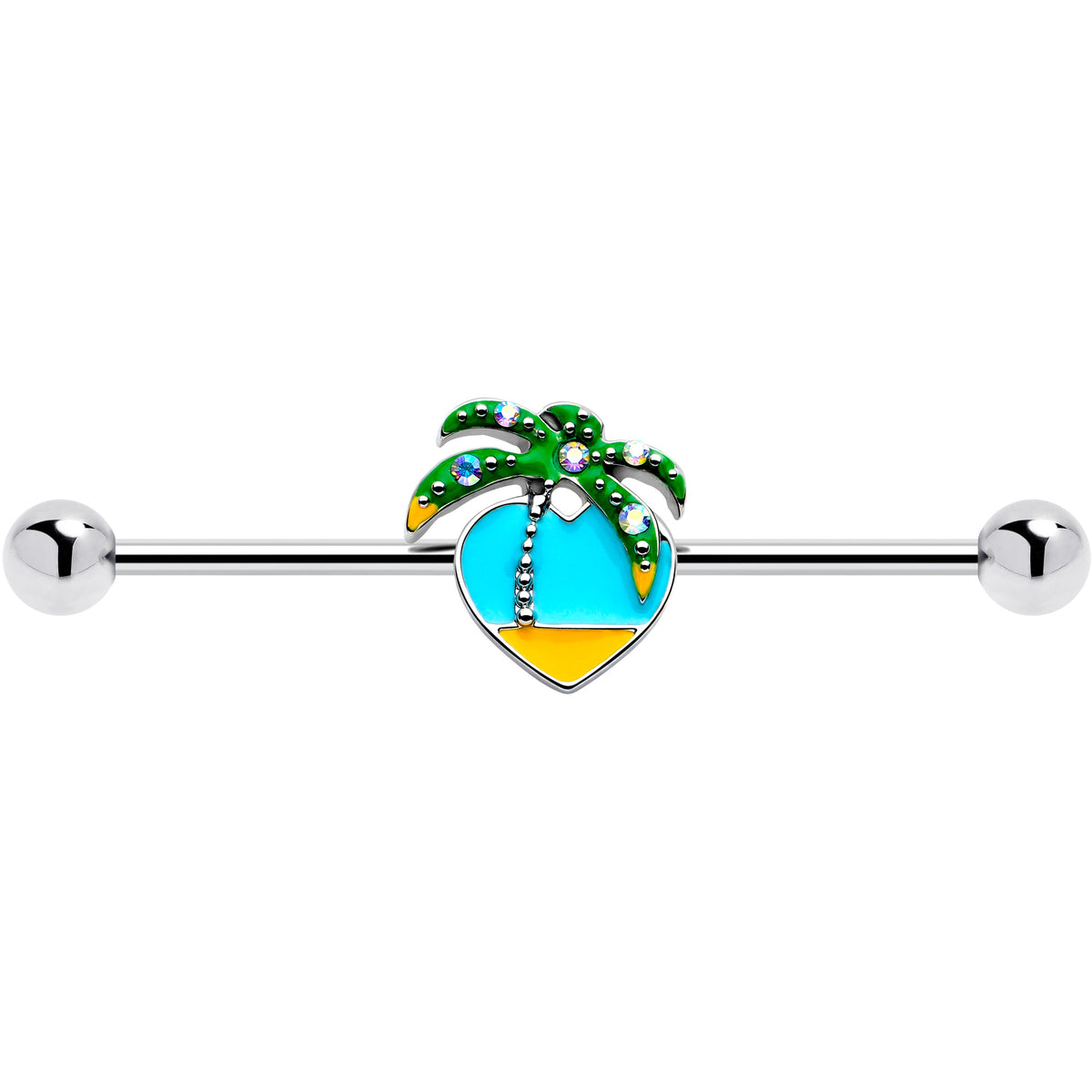 14G Beach Heart Palm Tree Industrial Barbell 38mm