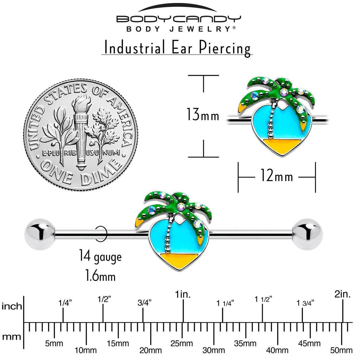 14G Beach Heart Palm Tree Industrial Barbell 38mm