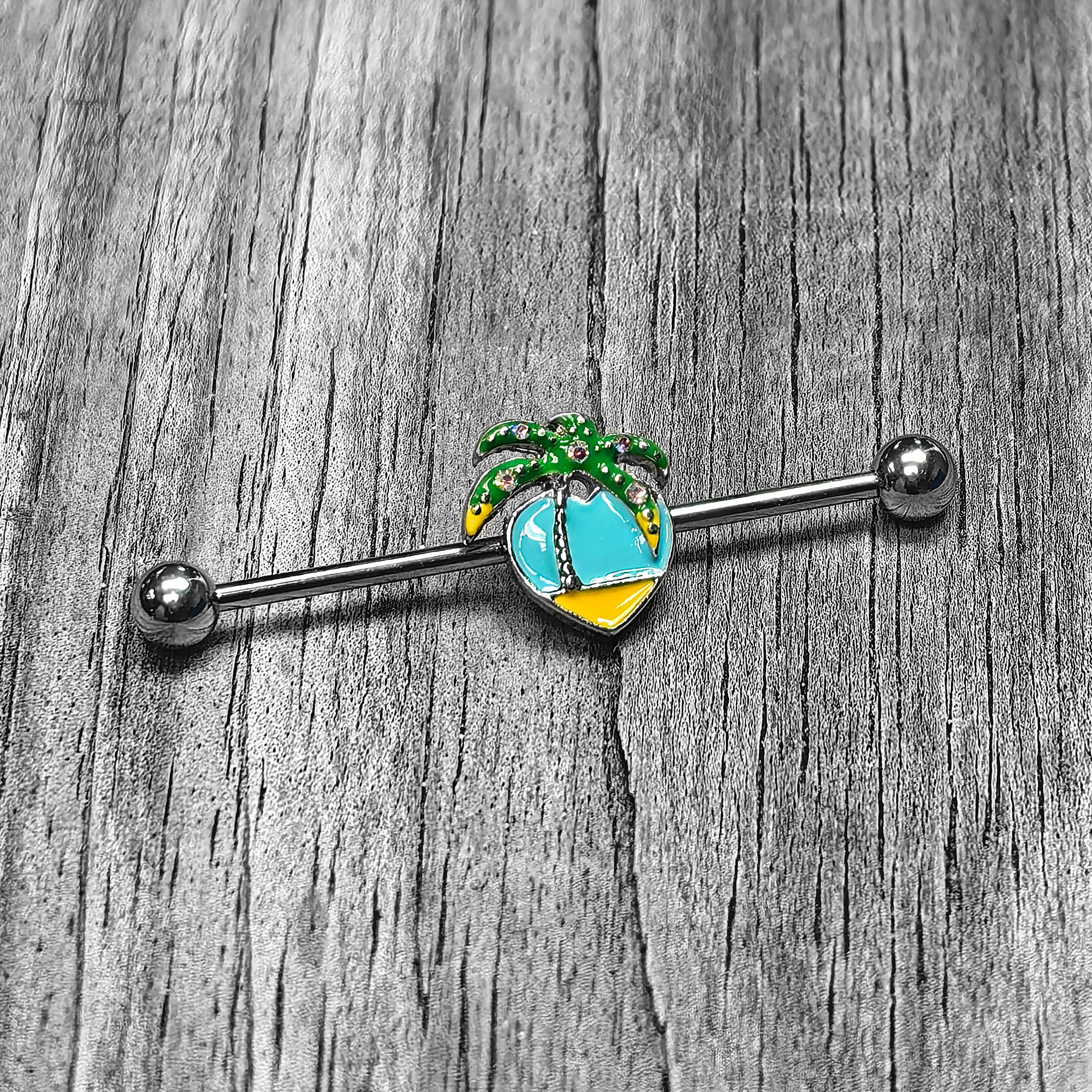 14G Beach Heart Palm Tree Industrial Barbell 38mm