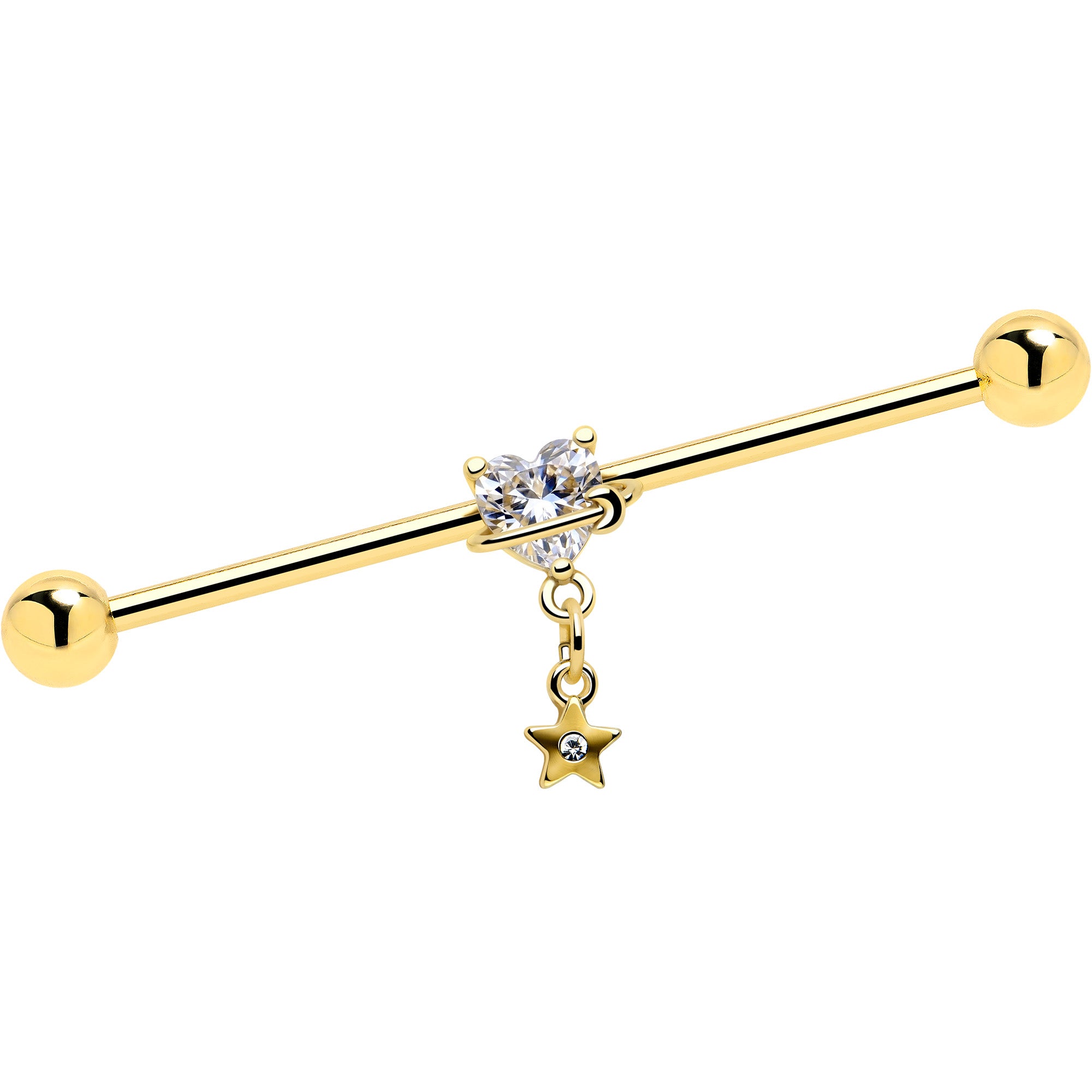 14G Clear Gem Gold Tone Starry Saturn Dangle Industrial Barbell 38mm