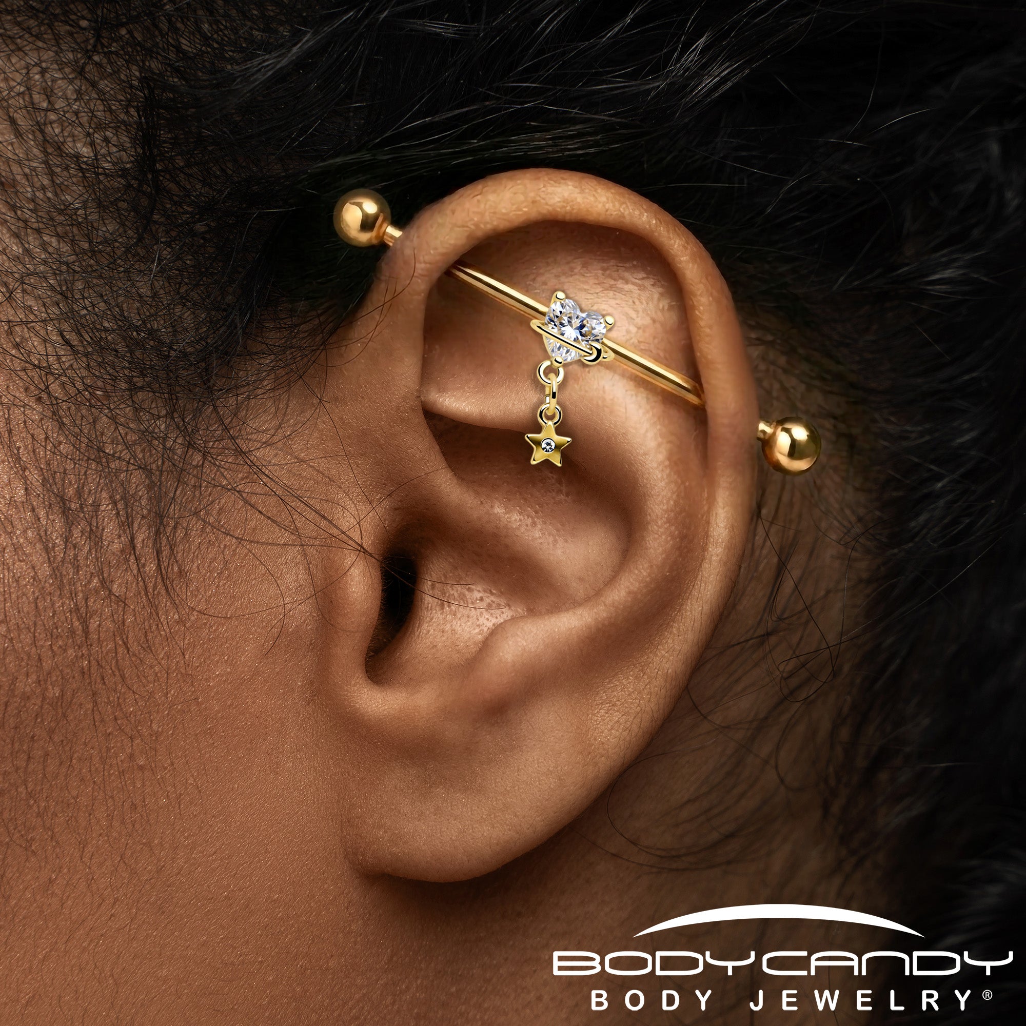 14G Clear Gem Gold Tone Starry Saturn Dangle Industrial Barbell 38mm