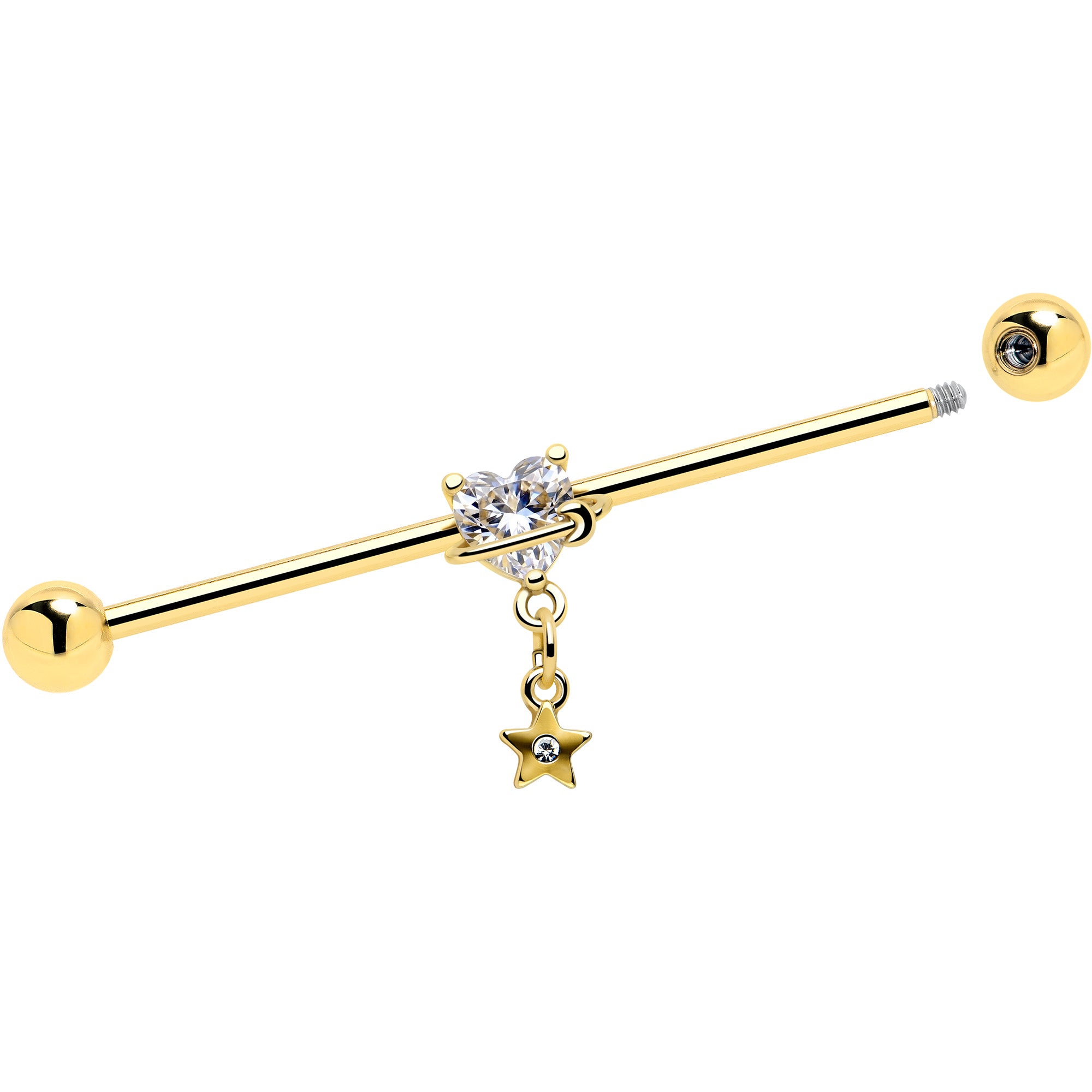 14G Clear Gem Gold Tone Starry Saturn Dangle Industrial Barbell 38mm