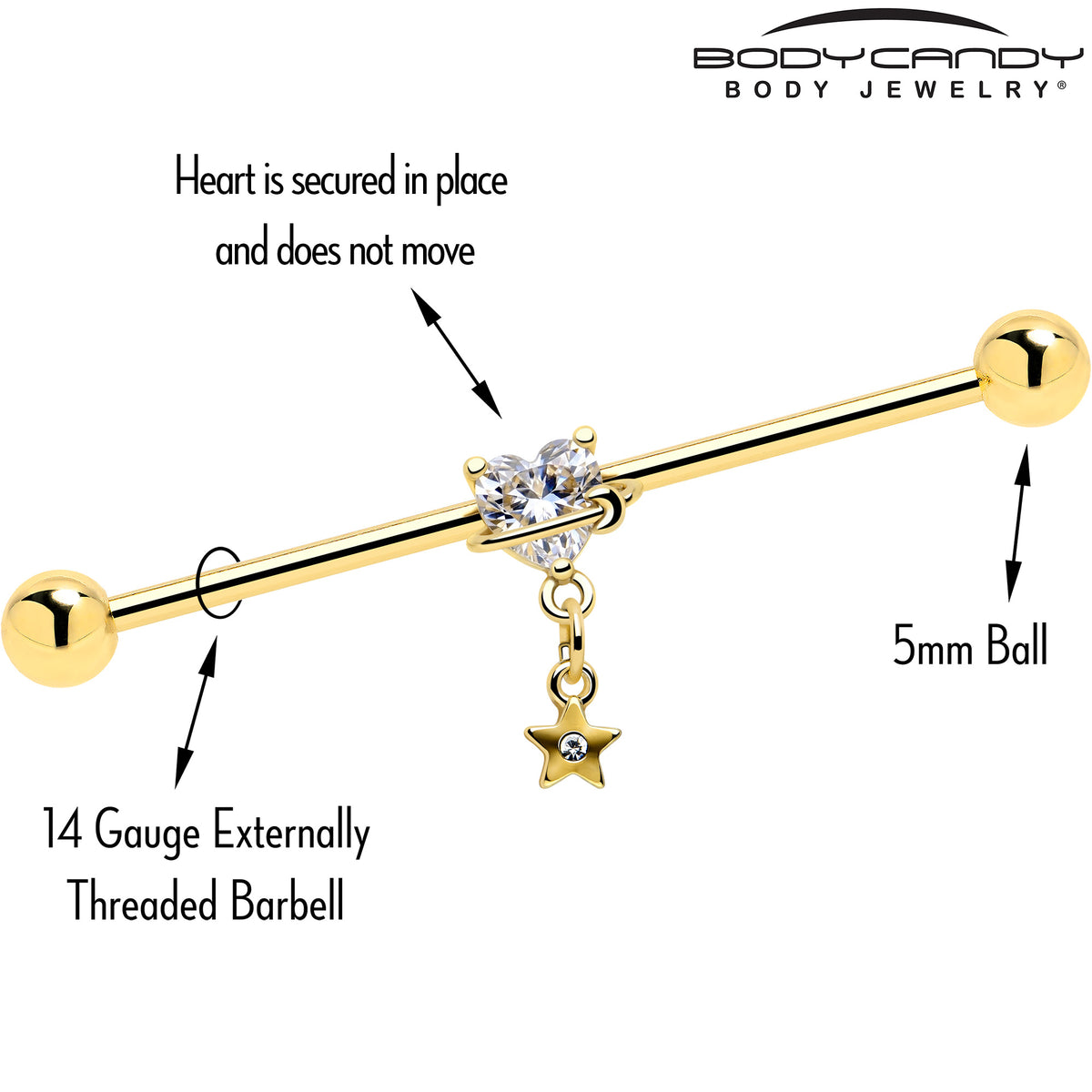 14G Clear Gem Gold Tone Starry Saturn Dangle Industrial Barbell 38mm