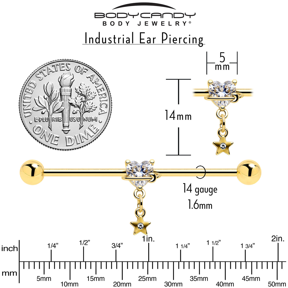 14G Clear Gem Gold Tone Starry Saturn Dangle Industrial Barbell 38mm