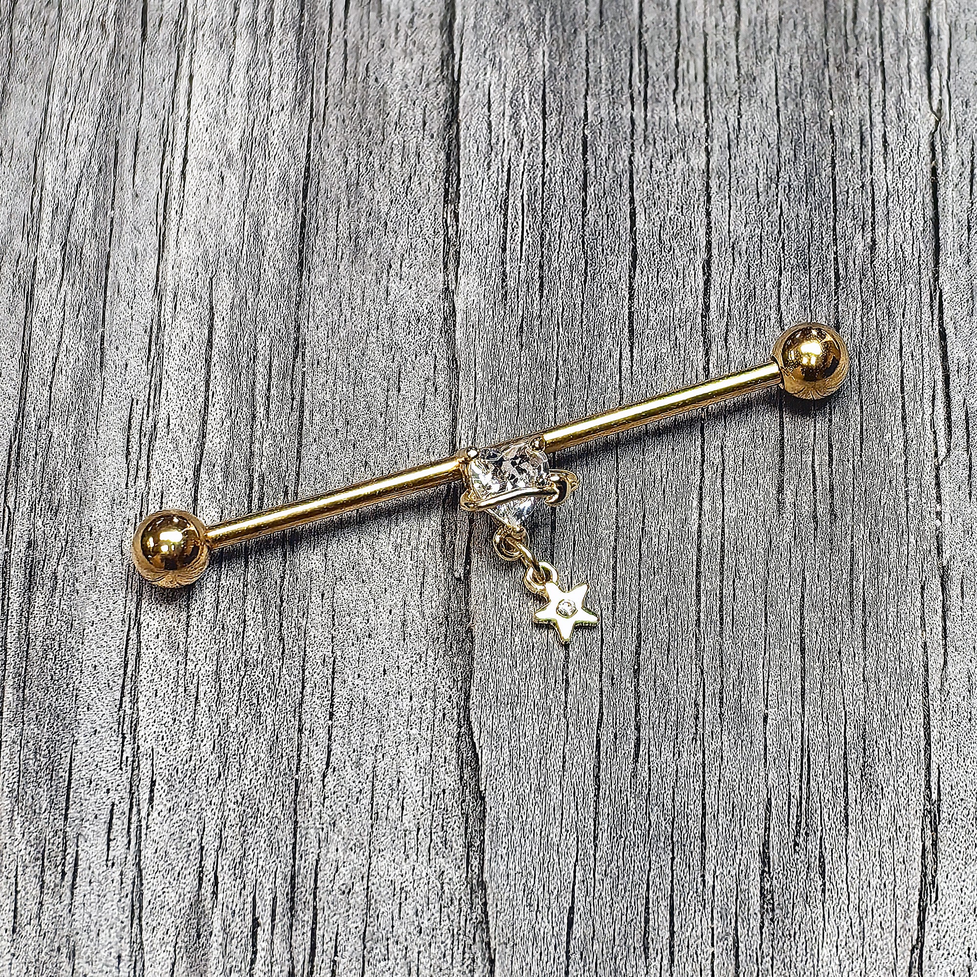 14G Clear Gem Gold Tone Starry Saturn Dangle Industrial Barbell 38mm