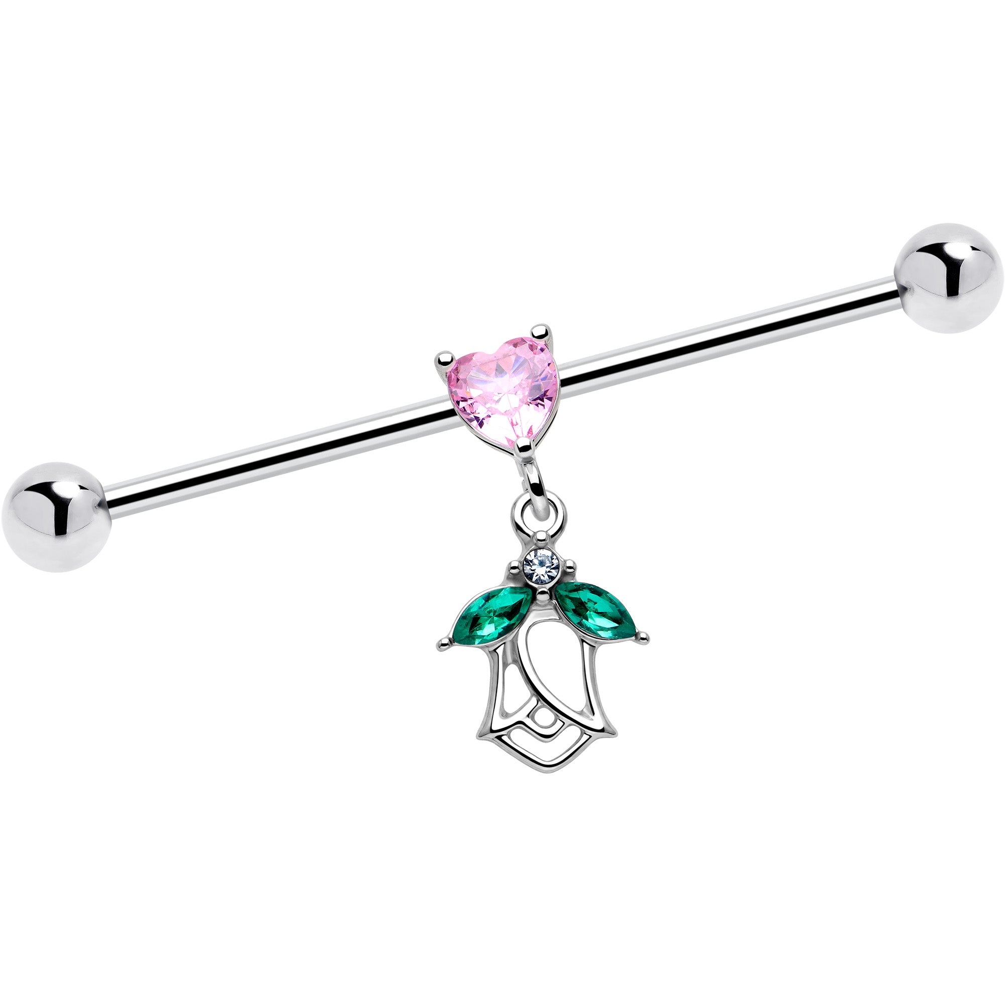 14G Pink Gem Heart And Rose Dangle Industrial Barbell 38mm