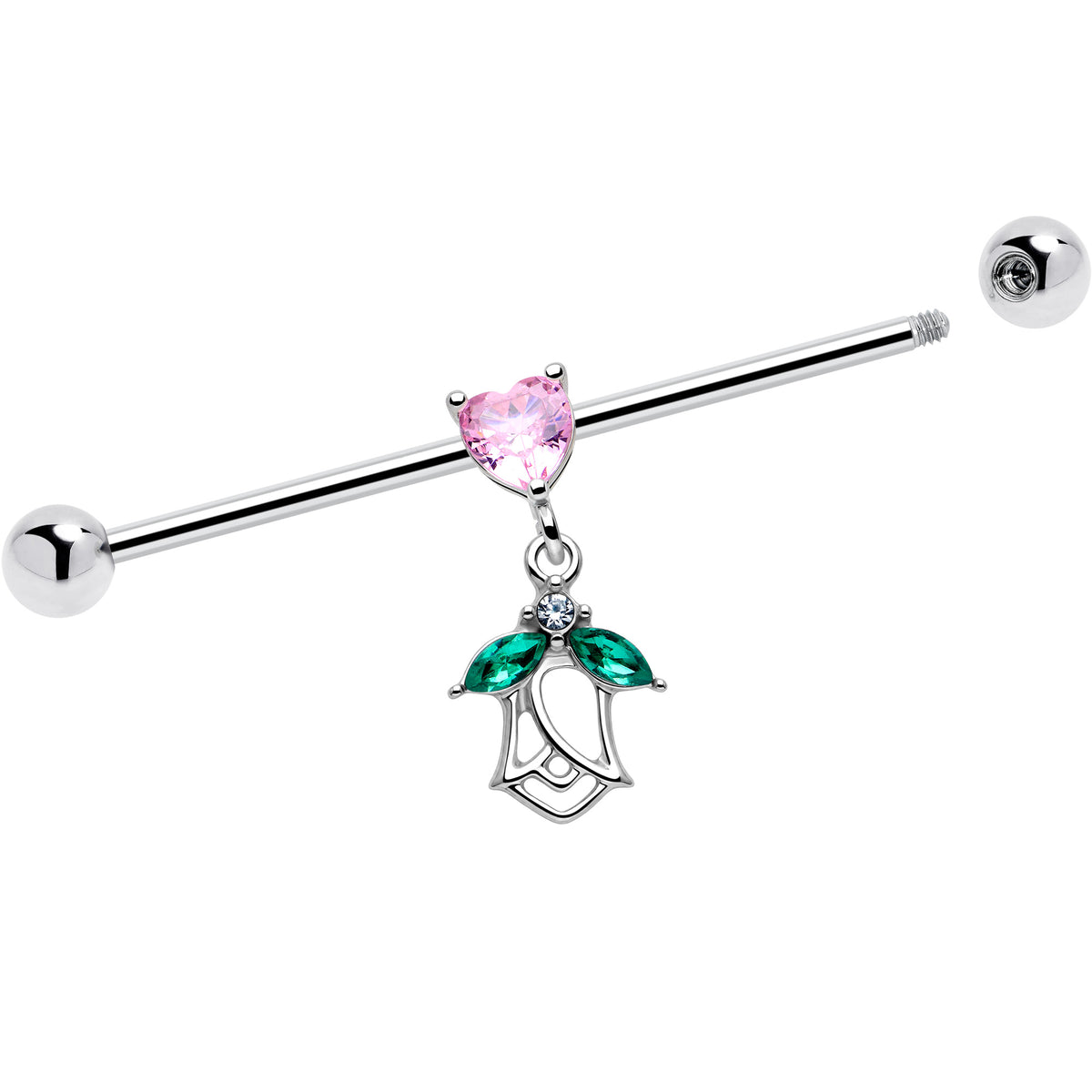 14G Pink Gem Heart And Rose Dangle Industrial Barbell 38mm