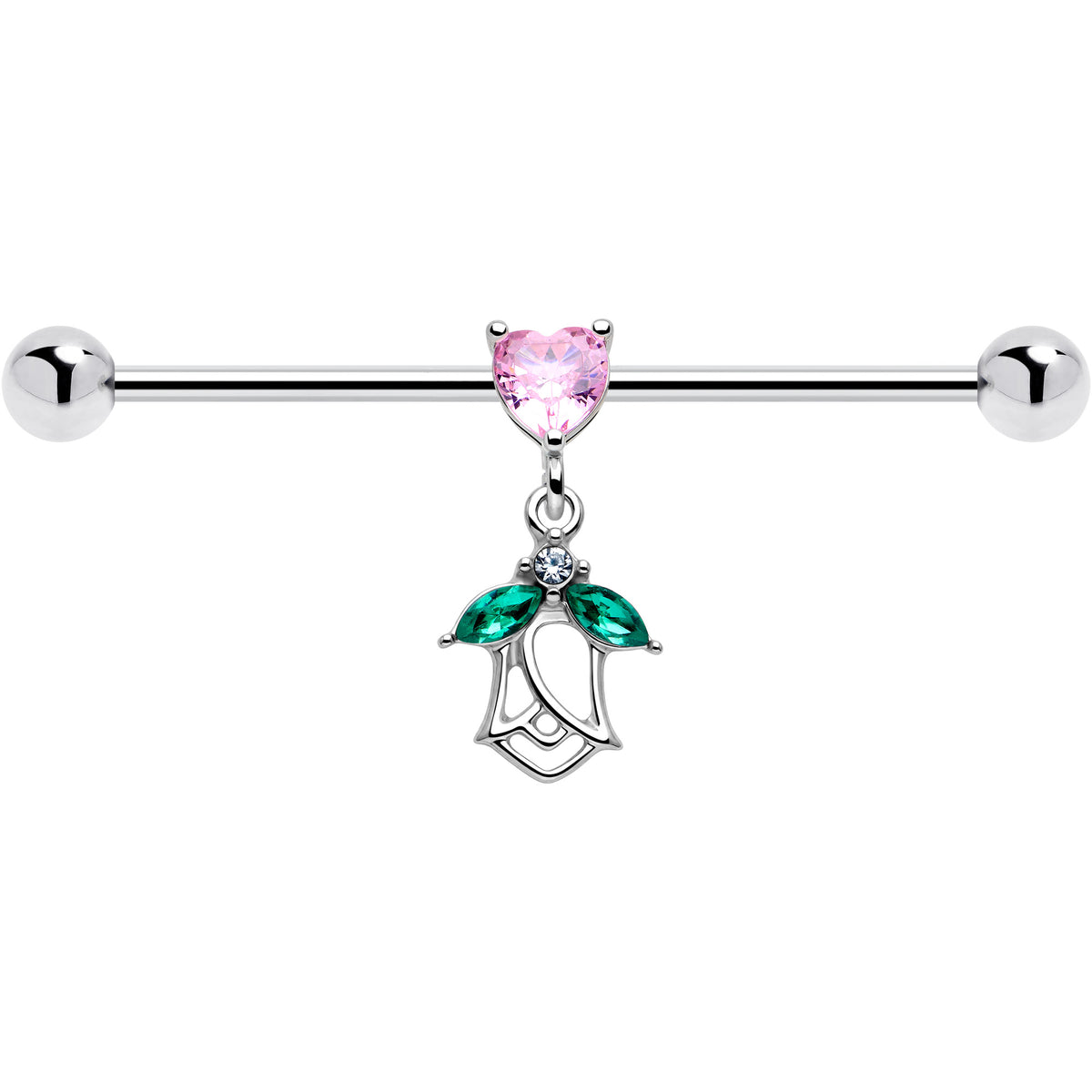 14G Pink Gem Heart And Rose Dangle Industrial Barbell 38mm