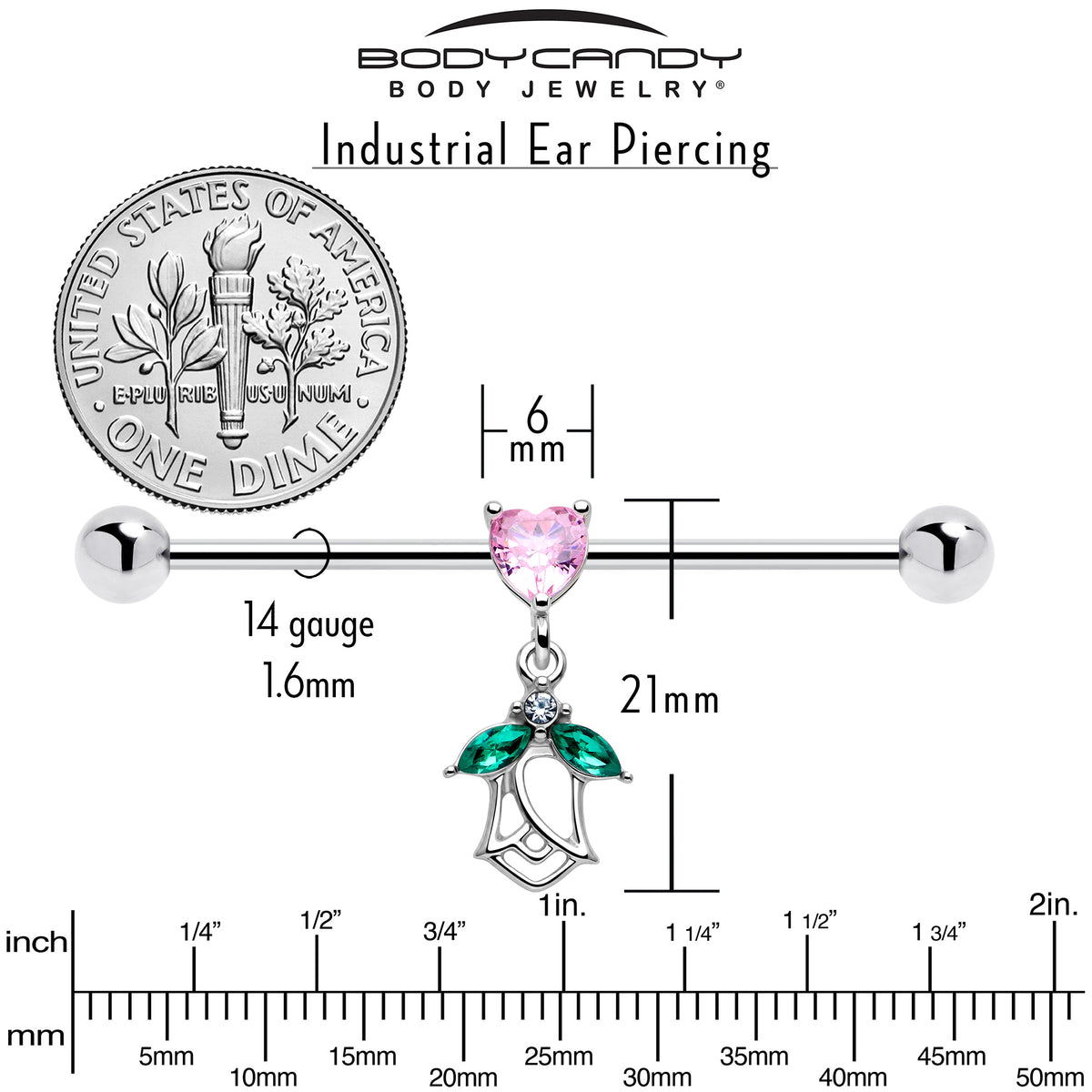 14G Pink Gem Heart And Rose Dangle Industrial Barbell 38mm